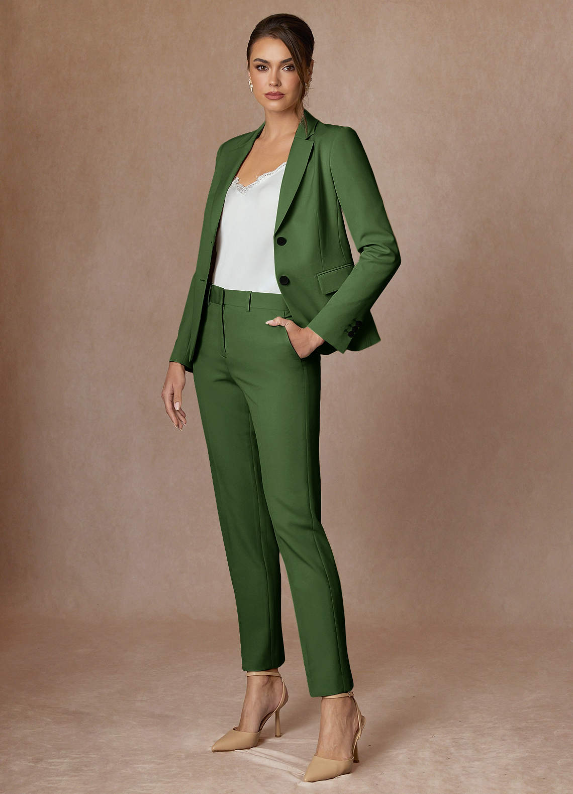 front Whitney Olive Structured Stretch Full Length Dress Pants