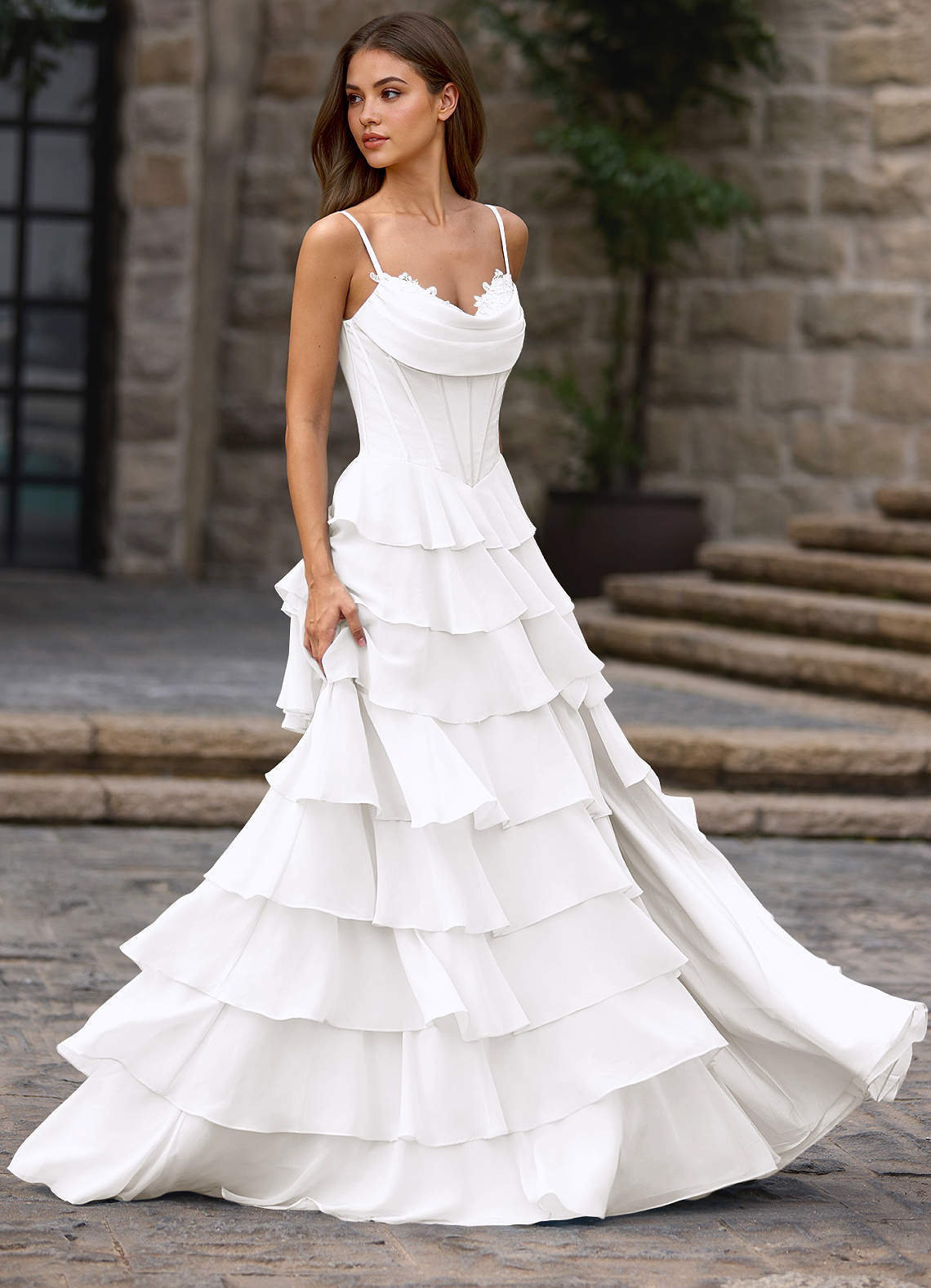 knee length dresses for ladies Tulle A-Line Long Sleeves Ruffles Wedding Dresses PW304 main image 1
