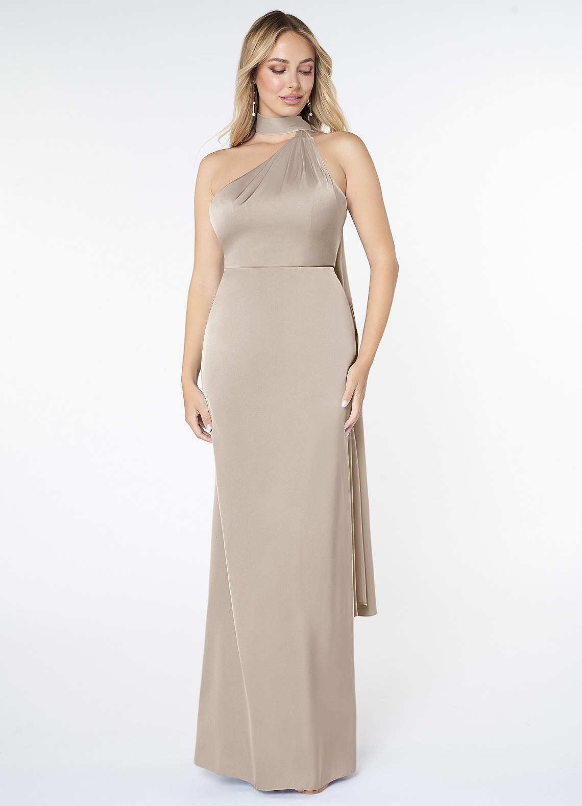 Azazie Kaylani Bridesmaid Dresses Frost Mermaid High Neck Stretch Satin Dress image1