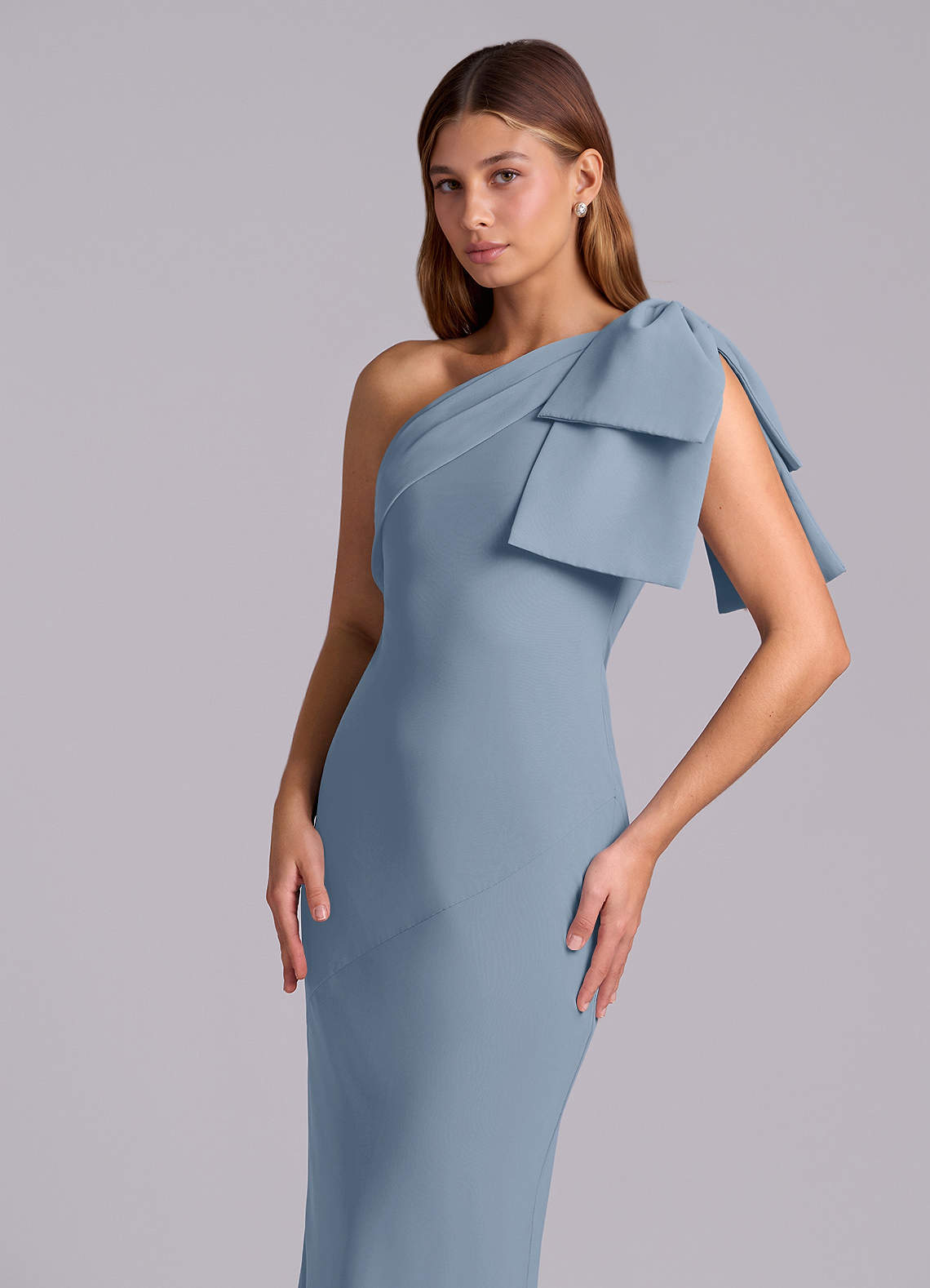 Azazie Yuanna At-home Try On Dresses Dusty Blue Mermaid One Shoulder Chiffon Dress image6