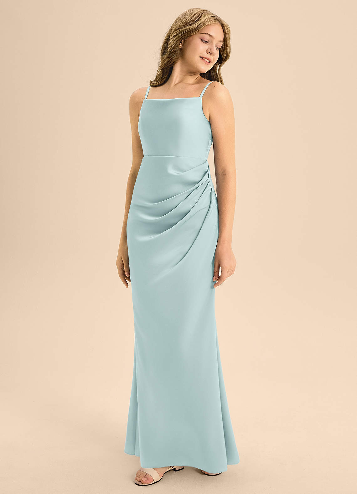 Azazie Renna Junior Mist A-Line Pleated Stretch Satin Dress image1