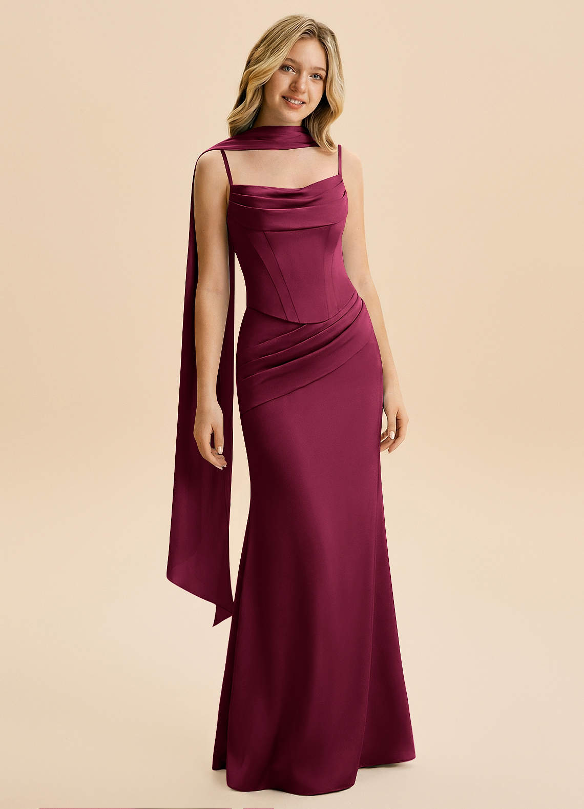 Azazie Sorrel Junior Burgundy Mermaid Ruched Stretch Satin Dress image4