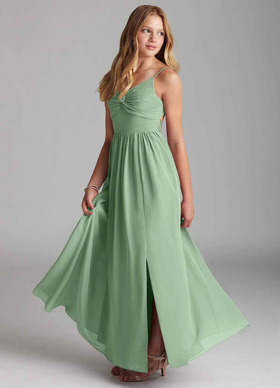 Azazie Zeya Junior Eucalyptus A-Line Chiffon Dress image3
