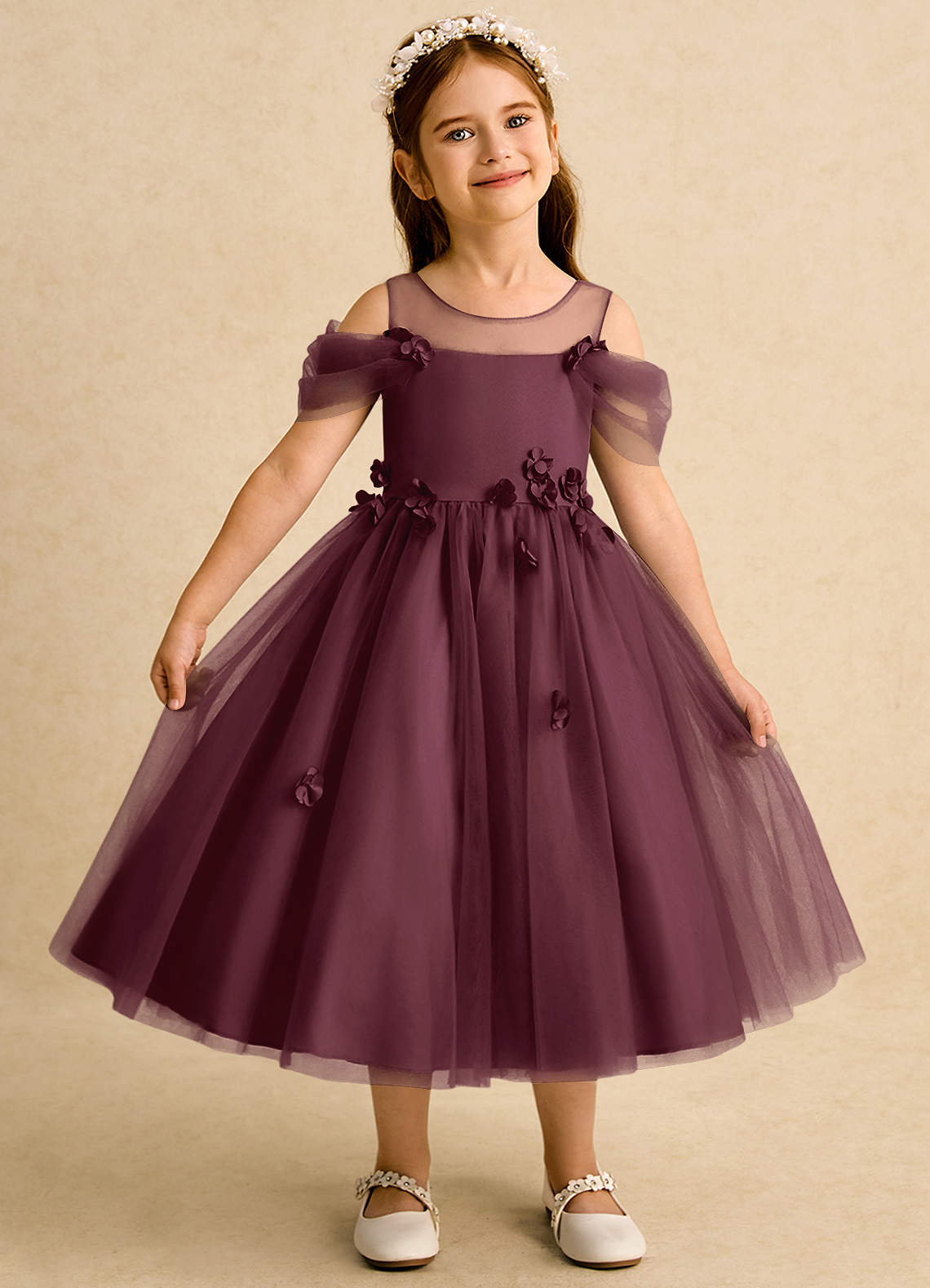 Azazie Juni Blumenmädchenkleider Ballkleid Plissee Tüll Kleid Cabernetrot image1