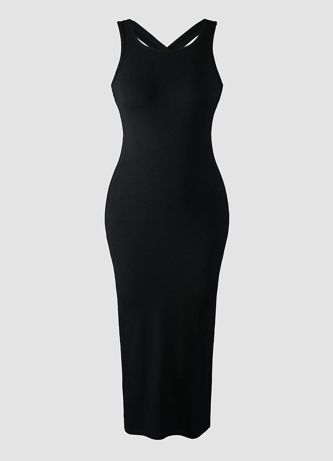 Black Cotton Spandex Solid Sleeveless Tank Bodycon Midi Dress