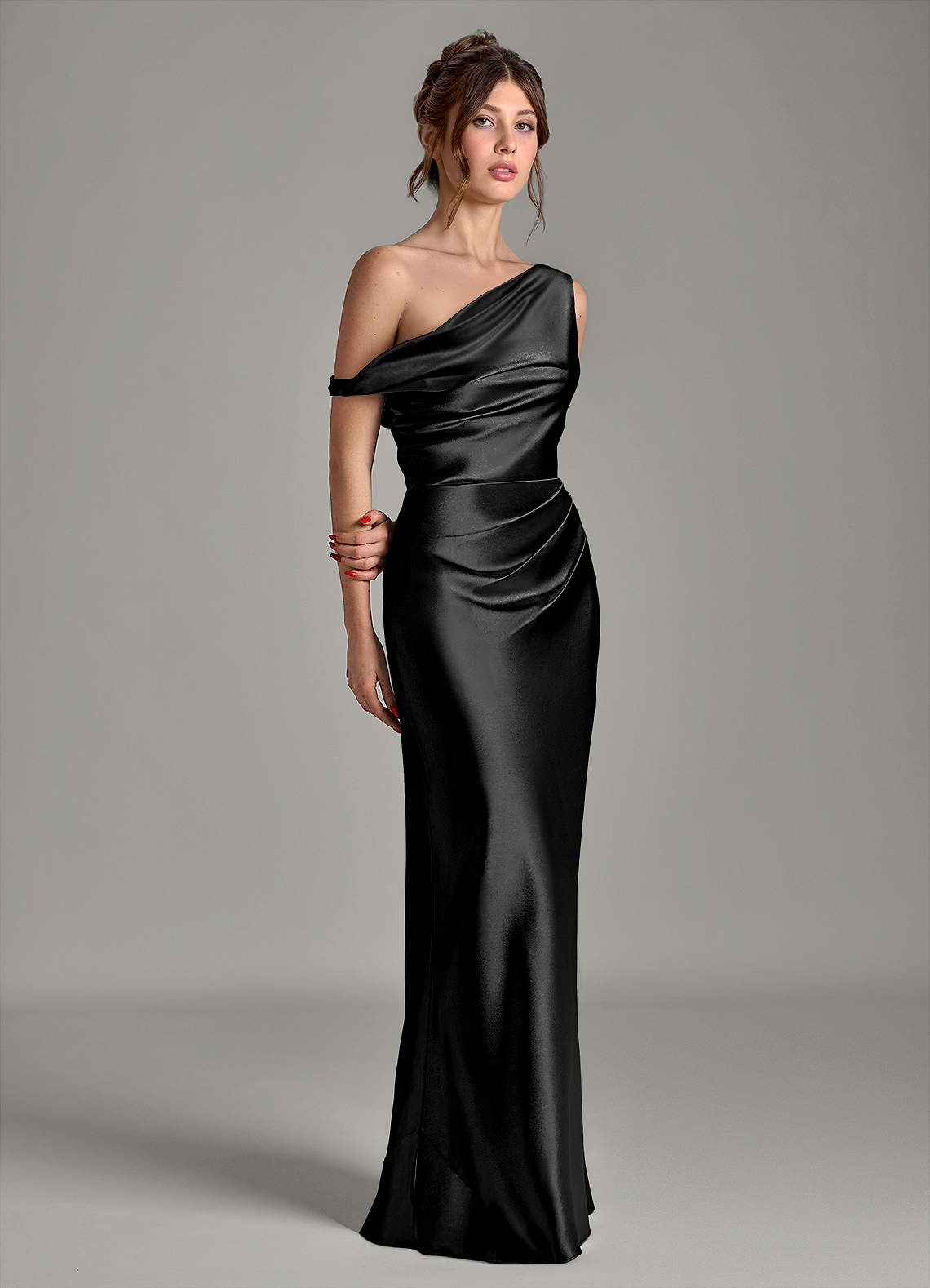 Azazie Emerson At-home Try On Dresses Black Mermaid Off the Shoulder Metallic Satin Dress image4