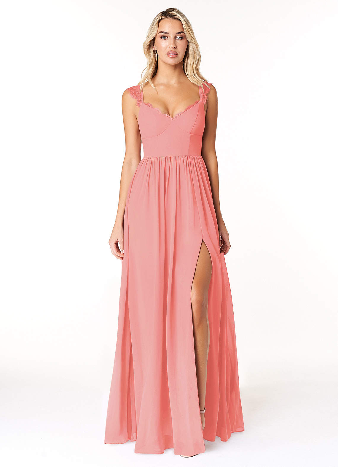 Azazie Cleobella Bridesmaid Dresses Coral A-Line Sweetheart Lace Chiffon Dress image1