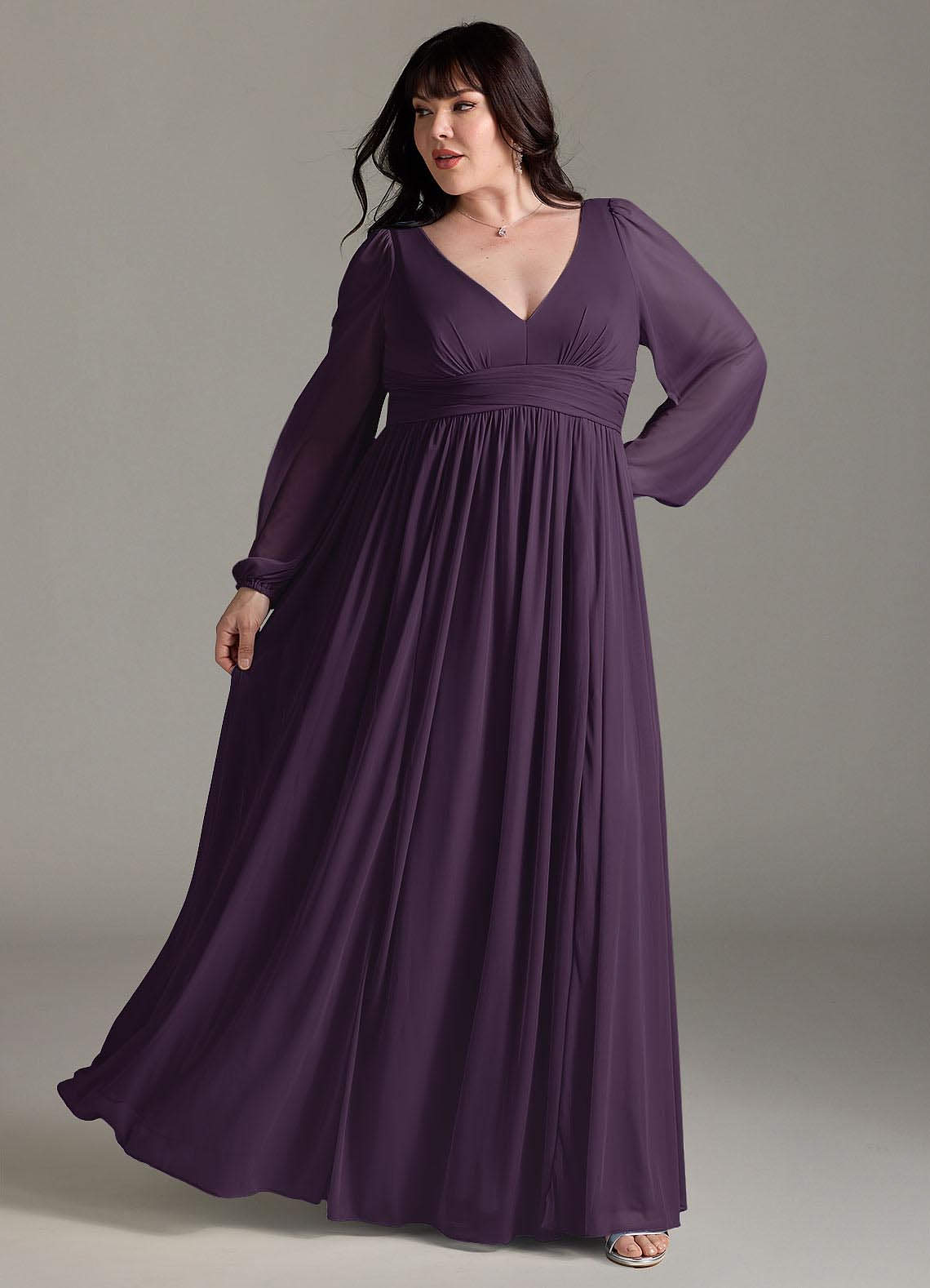 Azazie Norah Jurken voor bruidsmeisjes Jurk van Chiffon met A-Lijn V-hals lange mouw Pruim image7