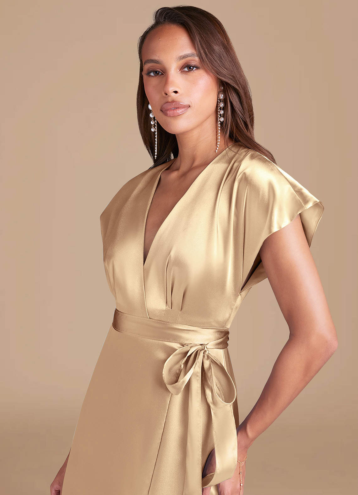 pleated metallic wrap dress Metallic Pleated Long-Sleeve Dress - Platinum