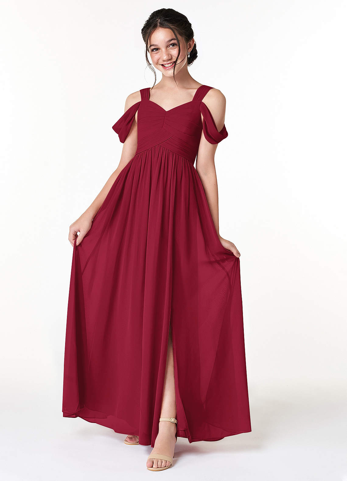 Azazie Lianne Junior Abito A-Line in Chiffon a Spalla Scoperta Borgogna image1