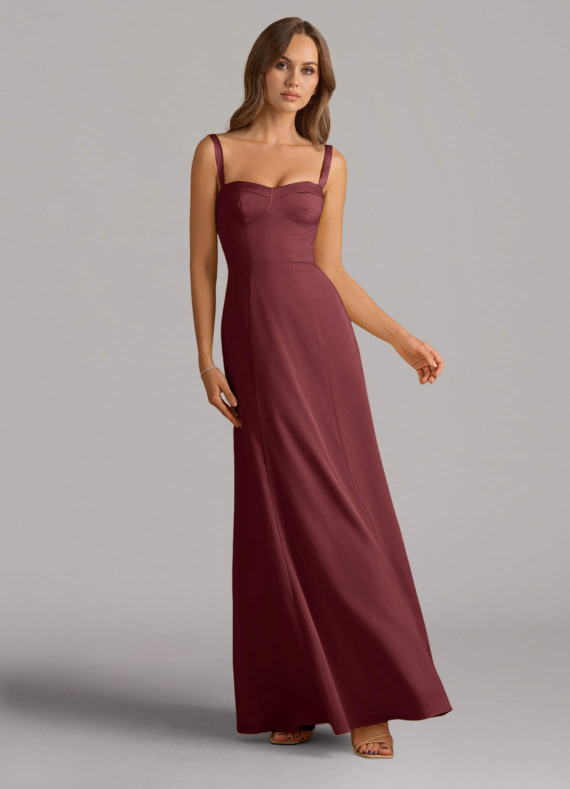 Azazie Amaris Bridesmaid Dresses Merlot A-Line Corset Stretch Satin Dress image1