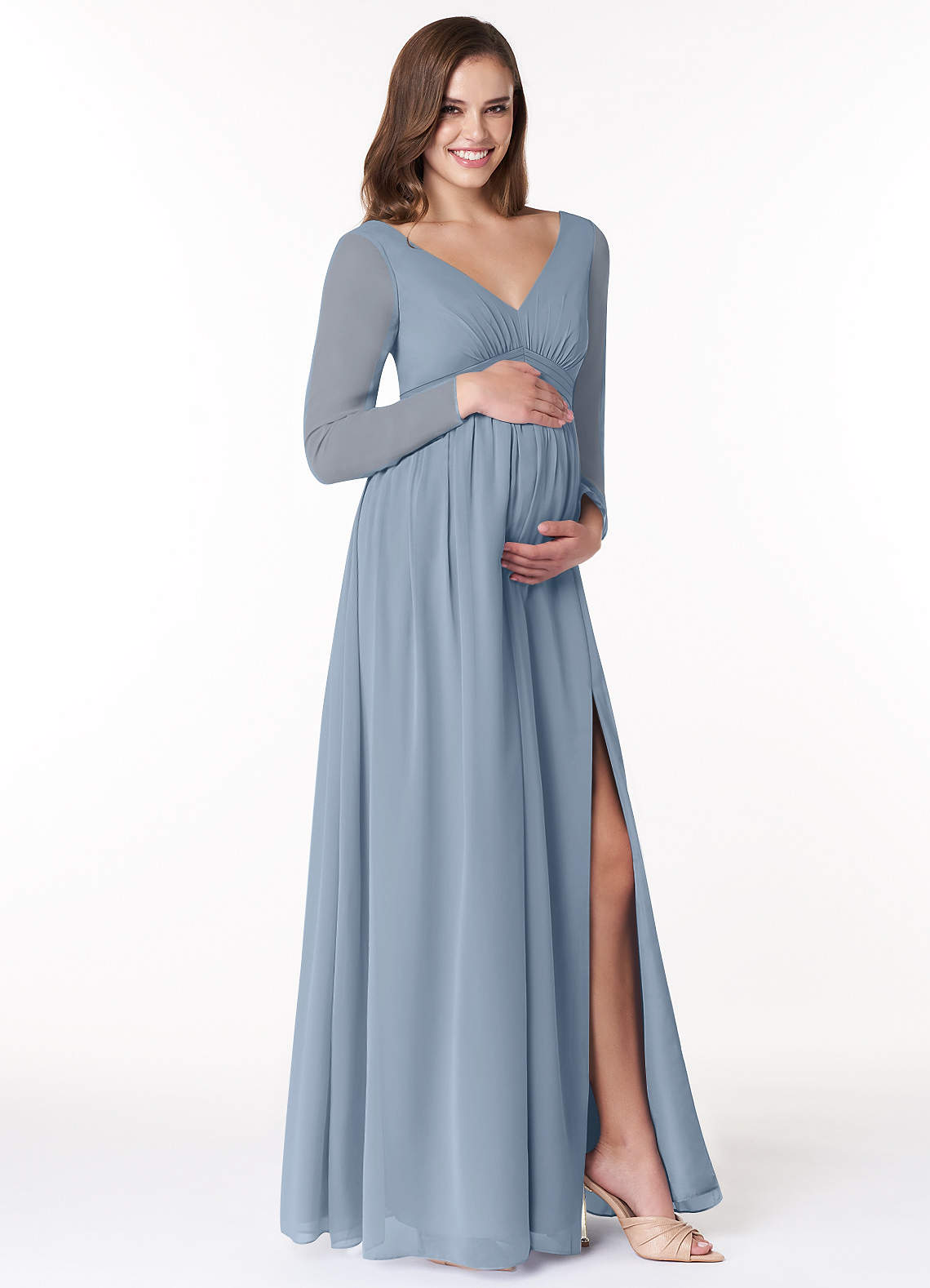 Azazie Teton Maternity Bridesmaid Dresses A-Line Long Sleeve Chiffon Floor-Length Dress image3