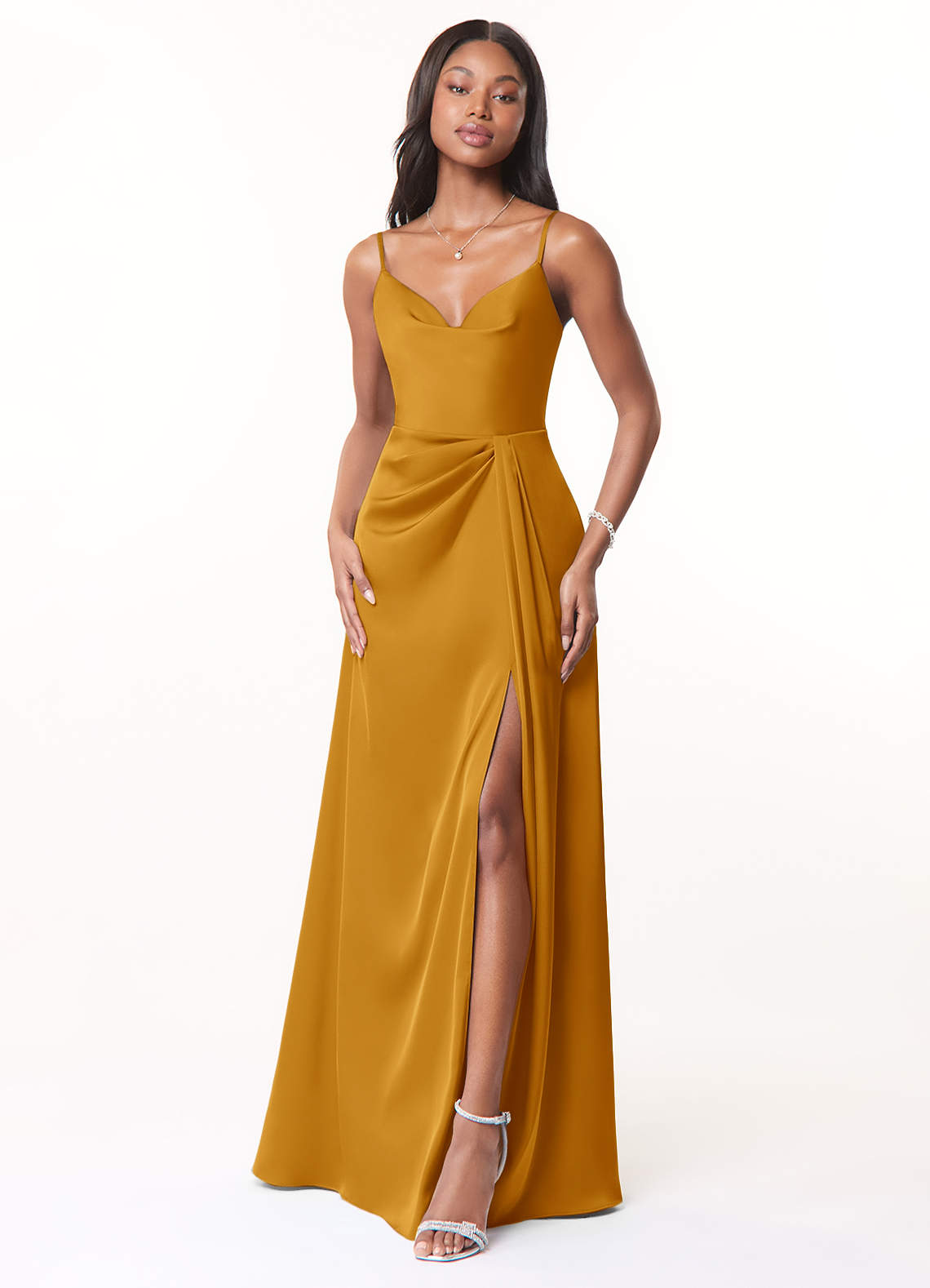 Azazie Brielle Bridesmaid Dresses Butterscotch A-Line Cowl Spaghetti Straps Stretch Satin Dress image1