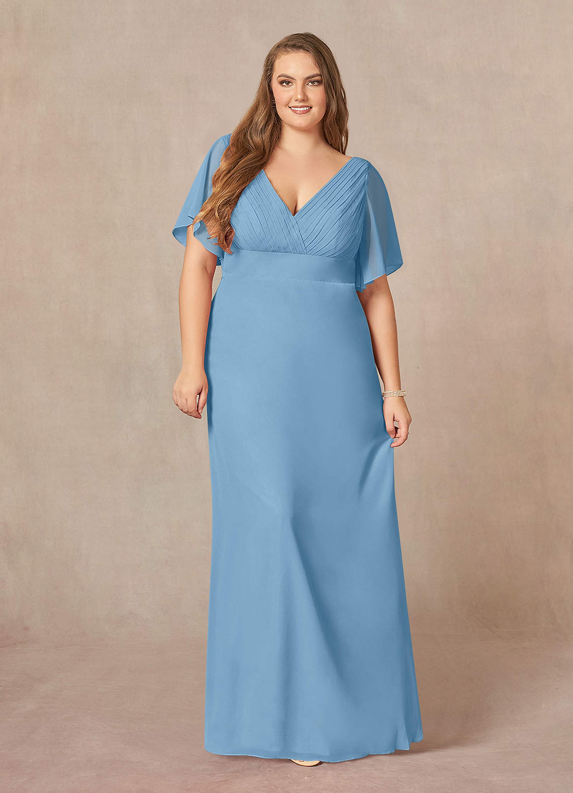 Azazie Alessa Mère de la mariée Robes Robe Trapèze en Mousseline de soie Col V plissé Acier Bleuté image1