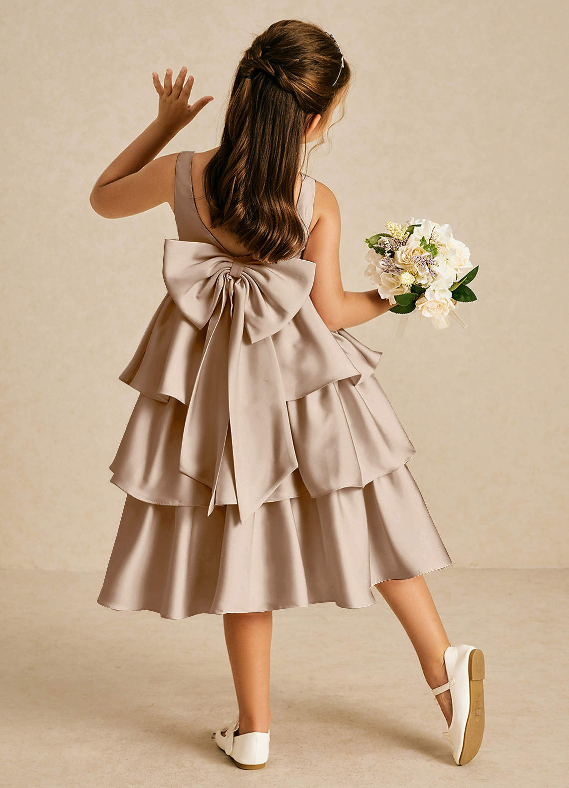 Azazie Margery Taupe A-Line Bow Stretch Satin Dress | Azazie
