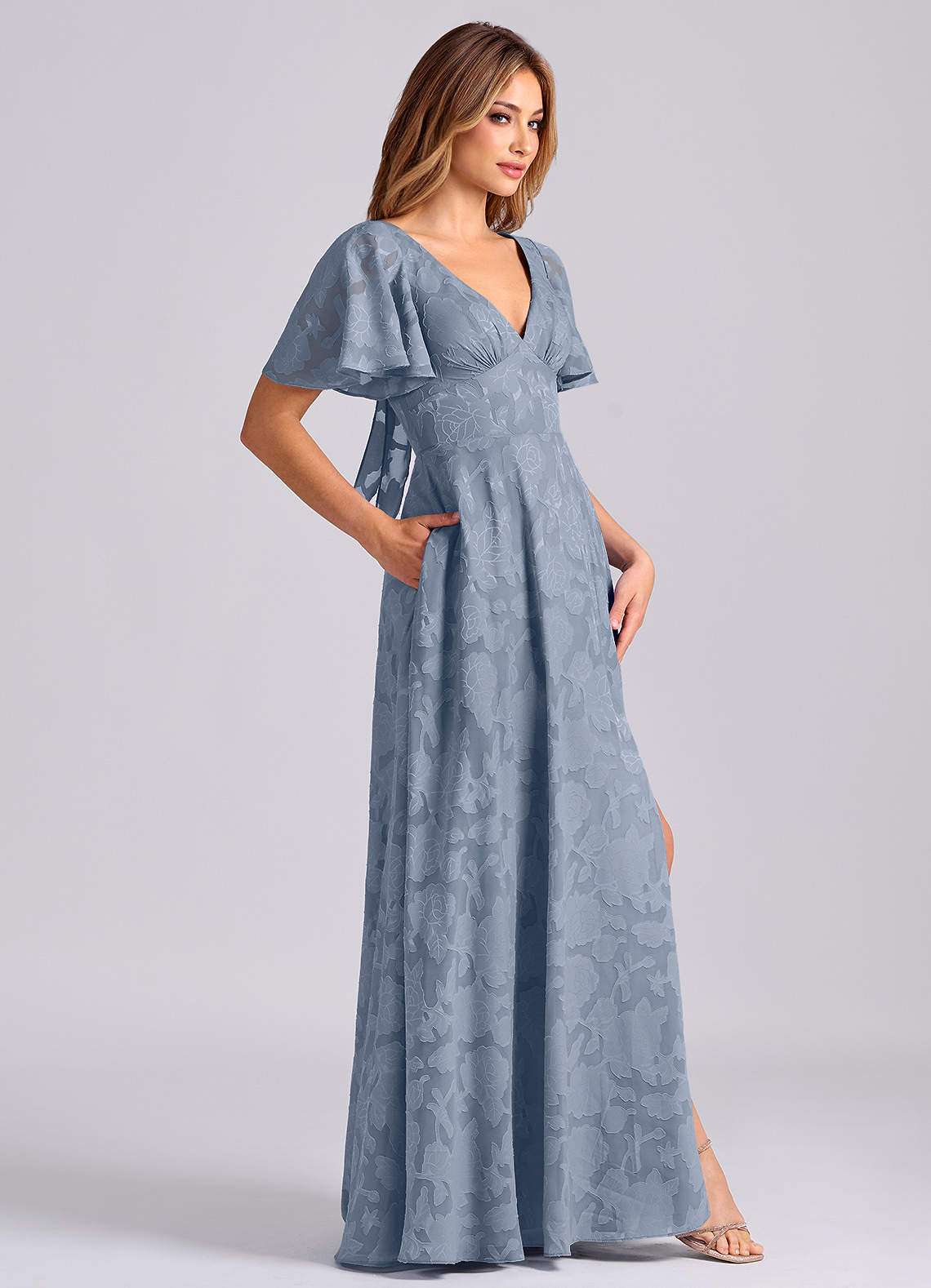 Azazie Kimber At-home Try On Dresses Dusty Blue A-Line with Pockets Floral Burnout Dress image2