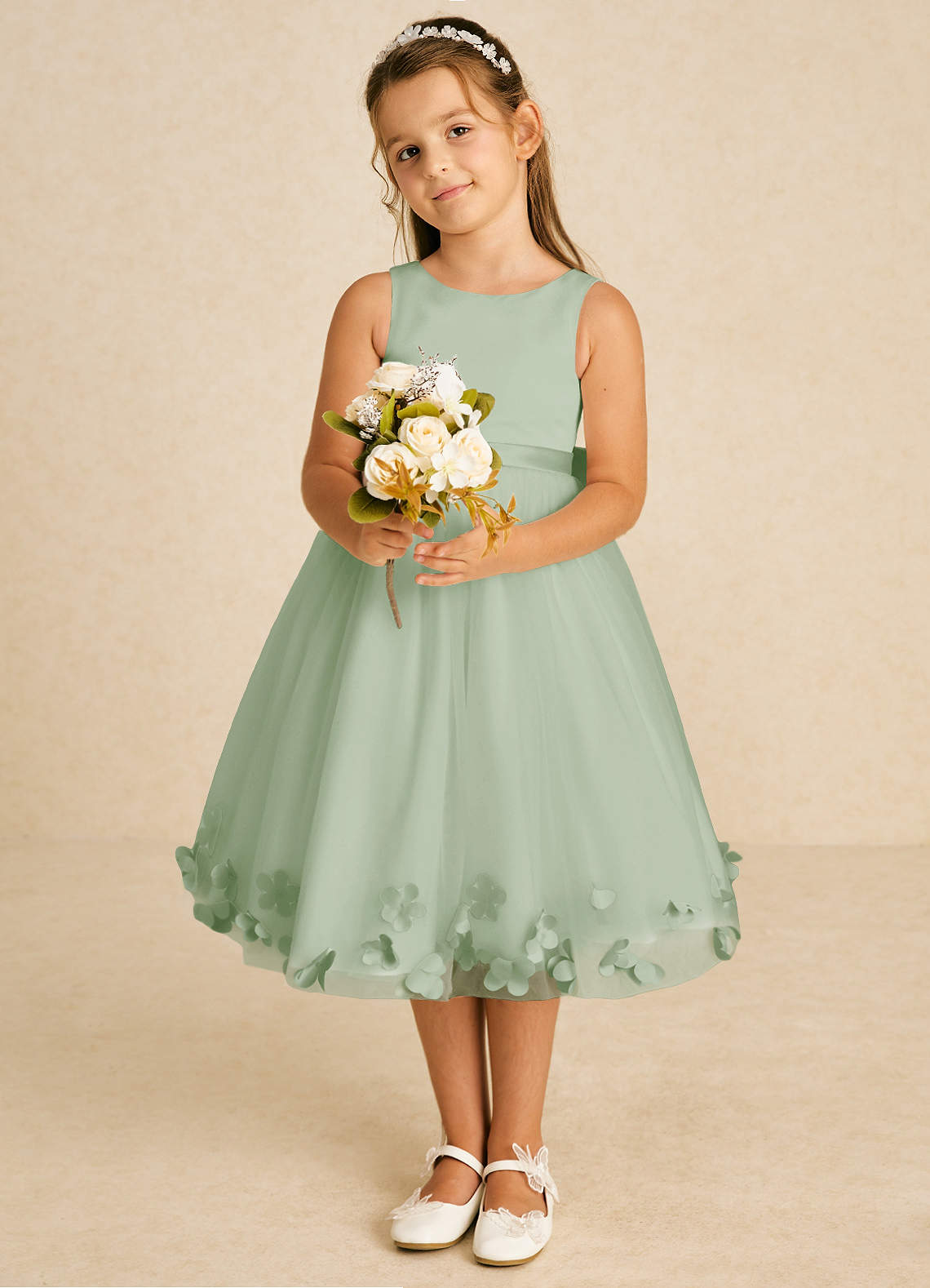 Azazie Dot Flower Girl Dresses Dusty Sage A-Line Bow Tulle Dress image1