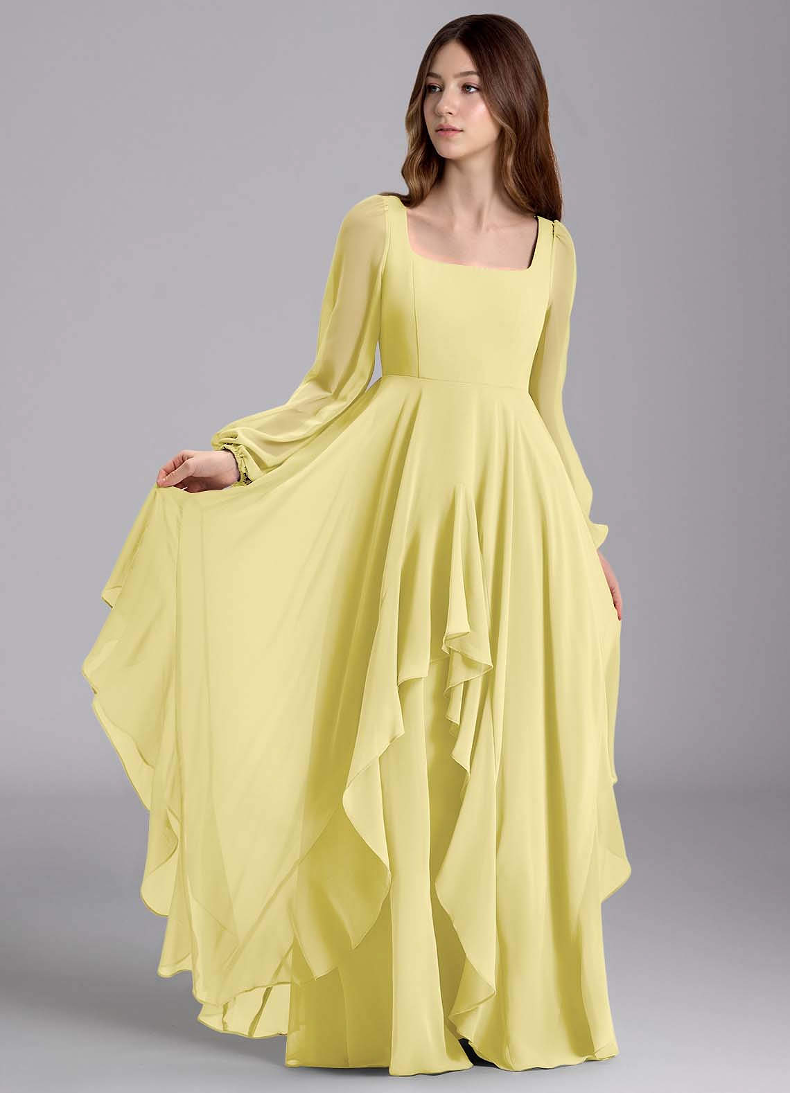 Azazie Clara Junior Lemon Sorbet A-Line Blouson Chiffon Dress image1