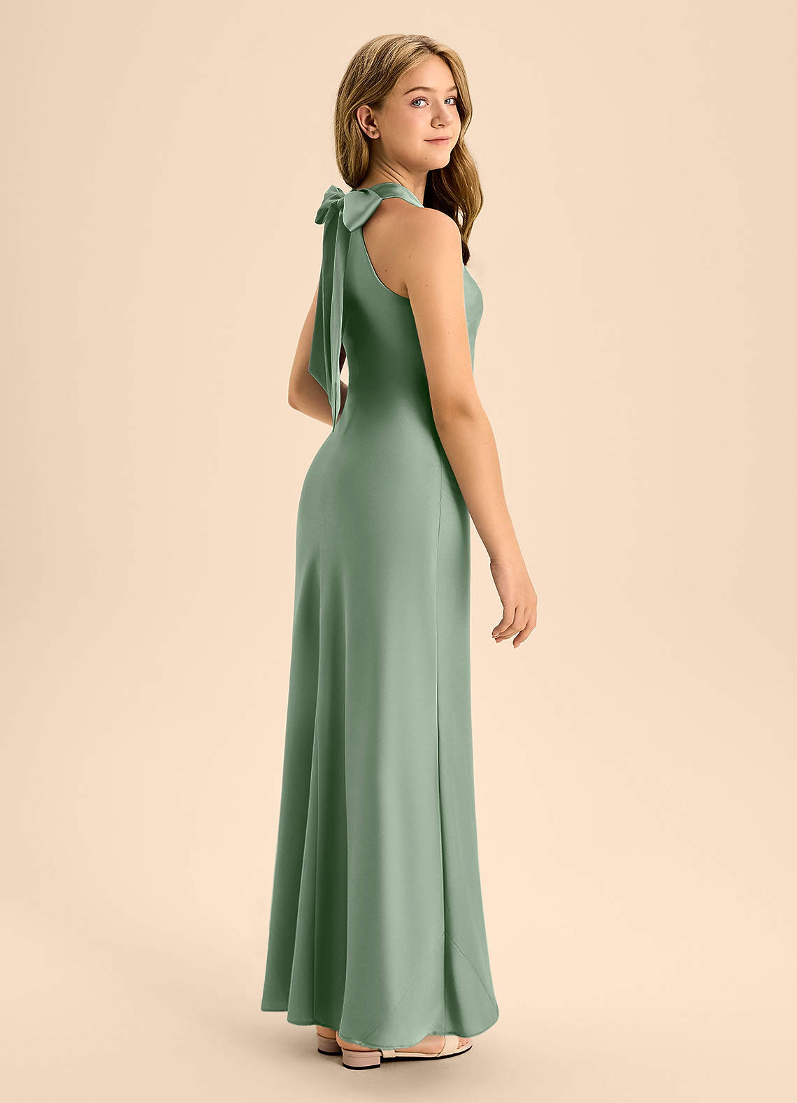 Azazie Doretta Junior Matcha A-Line Pleated Stretch Satin Dress image1