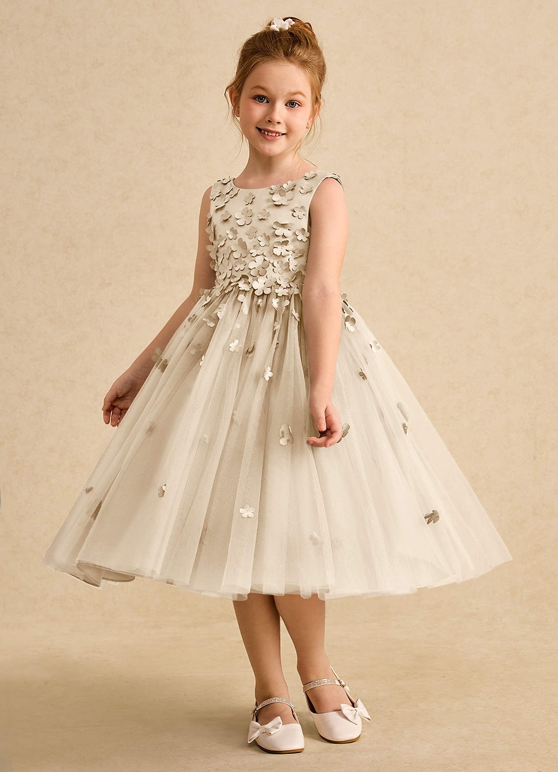 Azazie Lana Flower Girl Dresses Champagne A-Line Sleeveless Matte Satin Dress image2