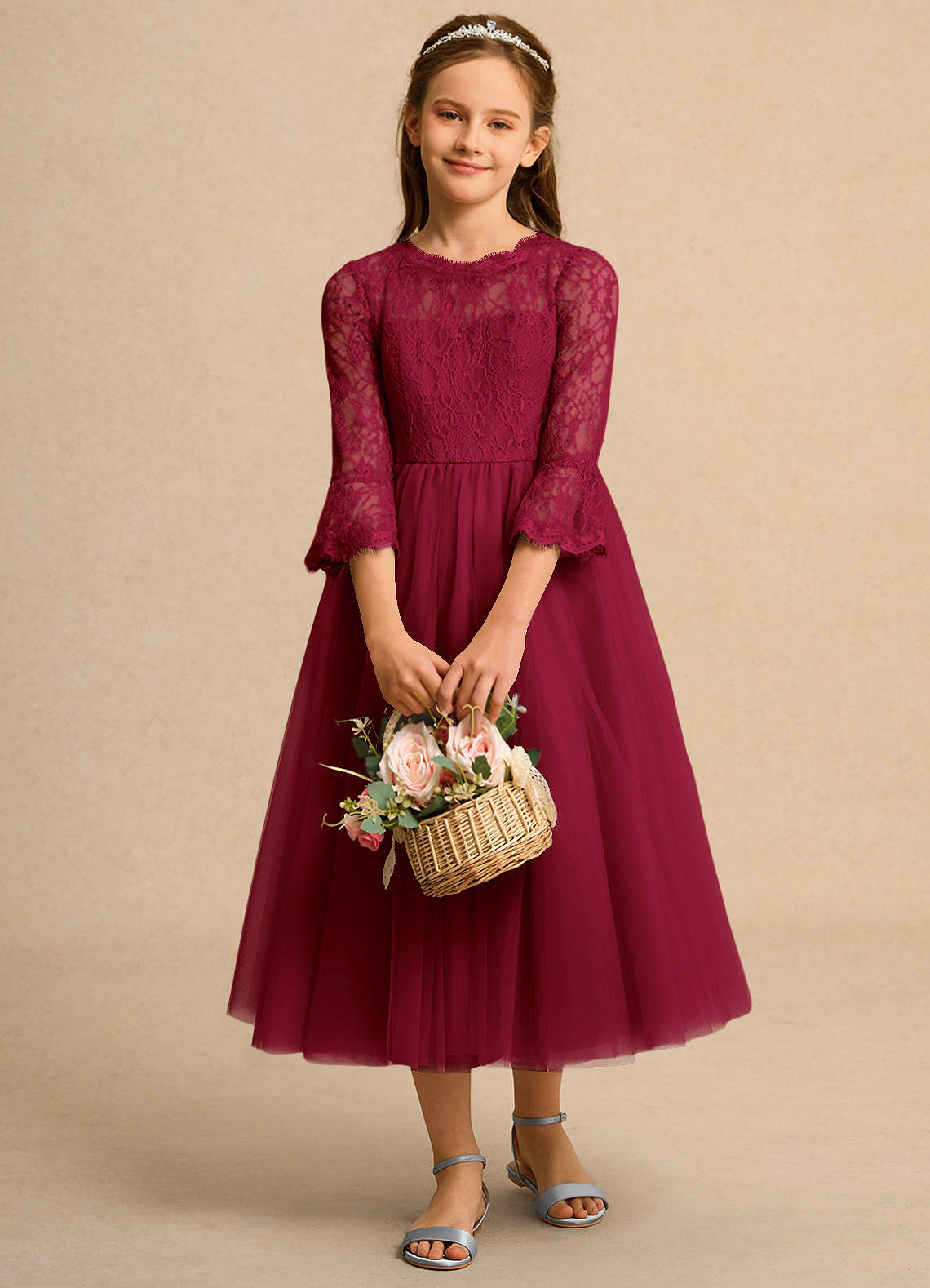 Azazie Lamb Girl Jurken voor bloemenmeisjes Baljurk Jurk van Kant Bourgondië image1