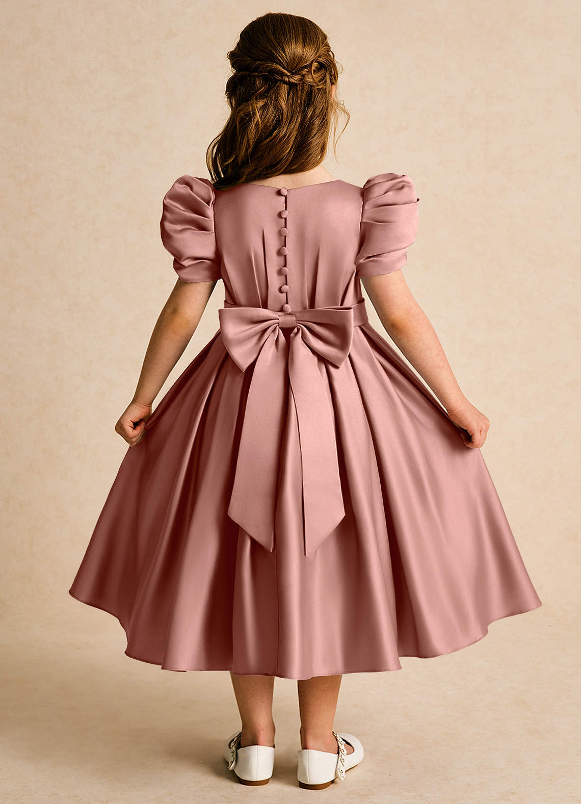 Azazie Miriam Flower Girl Dresses Cedar Rose Ball-Gown Pleated Matte Satin Dress image1