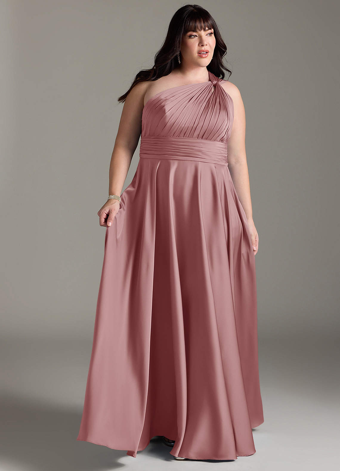 Azazie Charlize Bridesmaid Dresses Dusty Rose A-Line One Shoulder Stretch Satin Dress image10