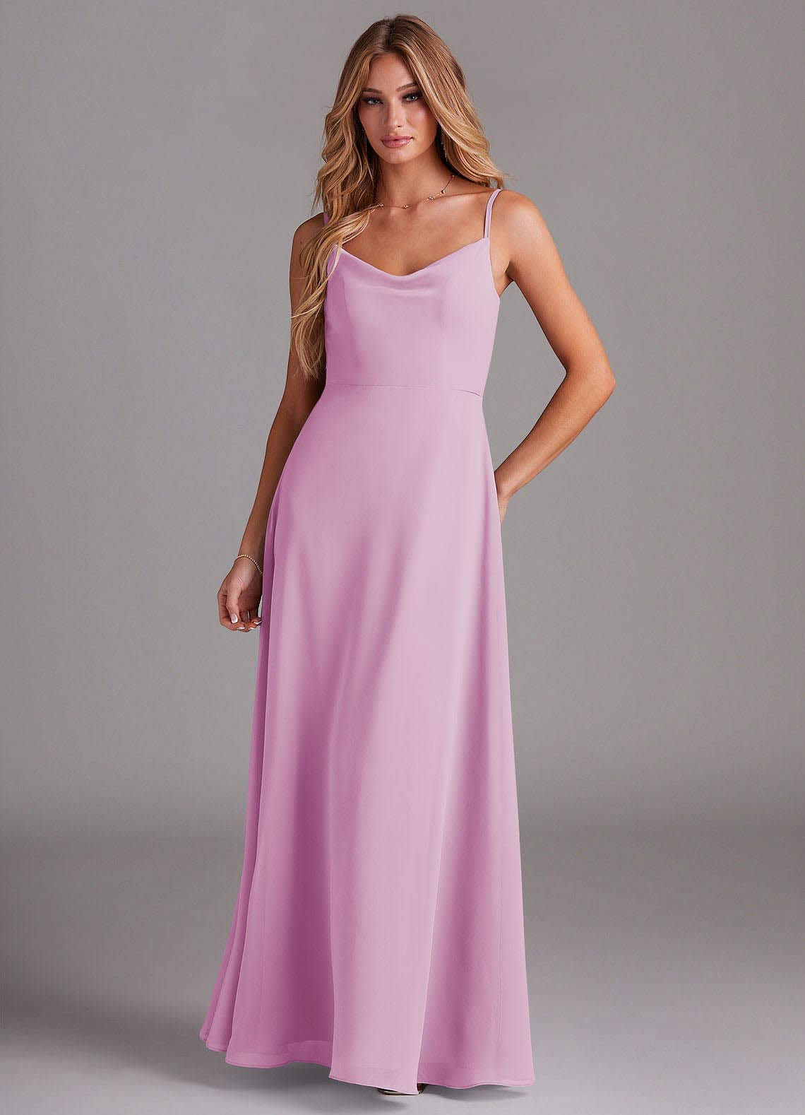 Azazie Daenerys Bridesmaid Dresses Candy Pink A-Line Cowl Chiffon Dress image1