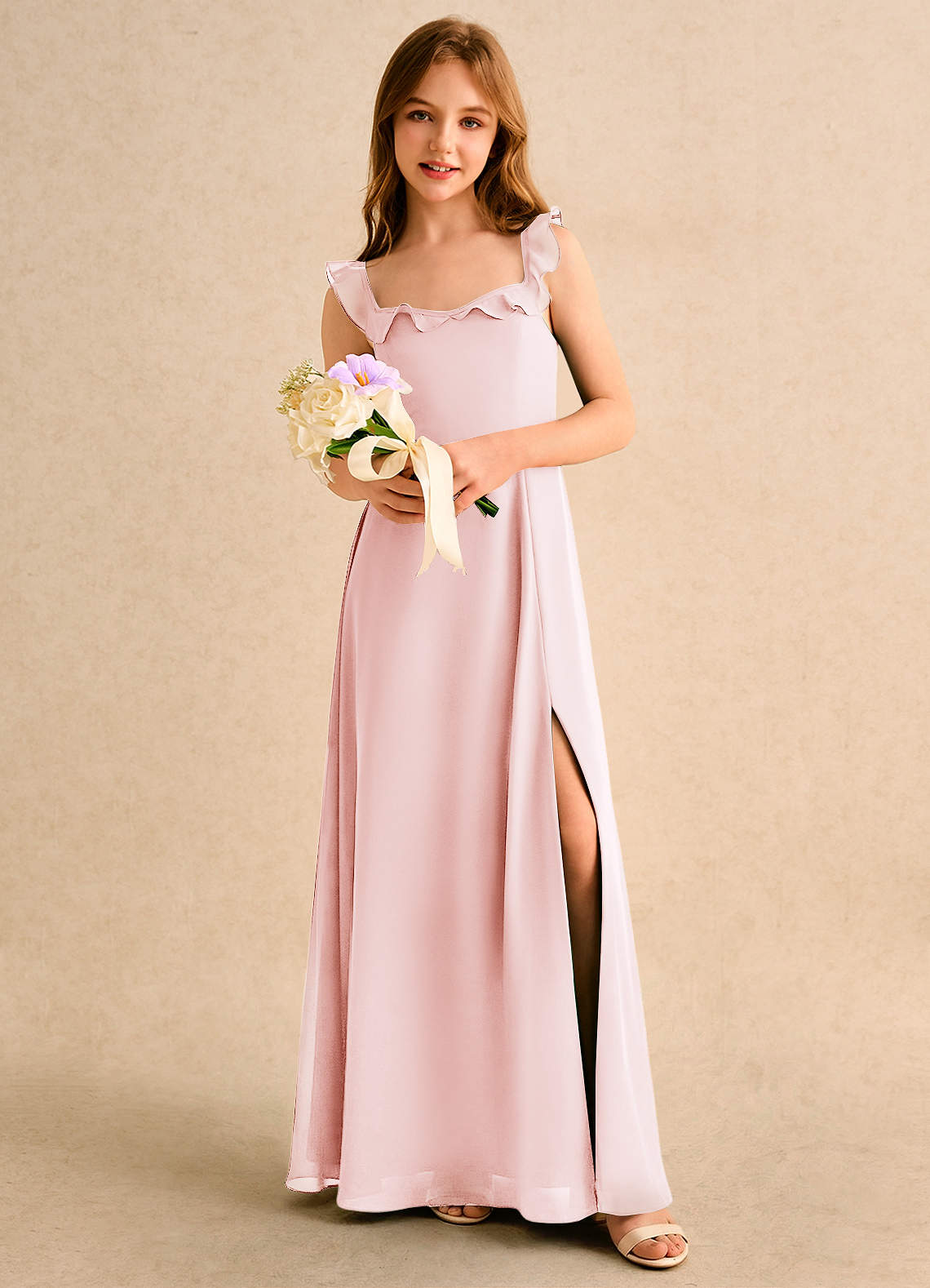 Azazie Chip Girls Formal Kukkatyttöjen mekot A-linja Hihaton Sifonki Lattian pituus Pukeutua image4