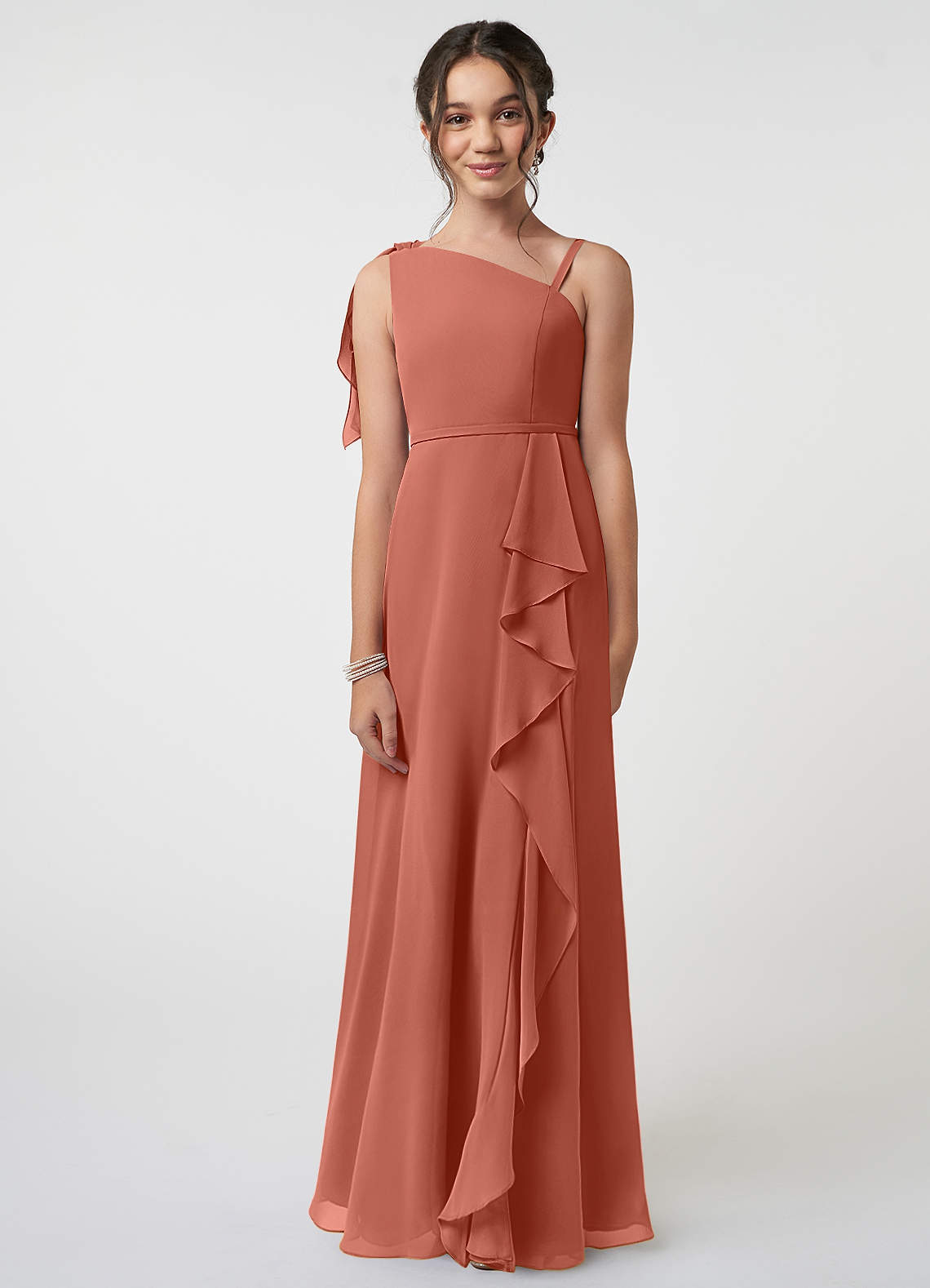 Azazie Aidy Junior Clay A-Line Bow Chiffon Dress image1