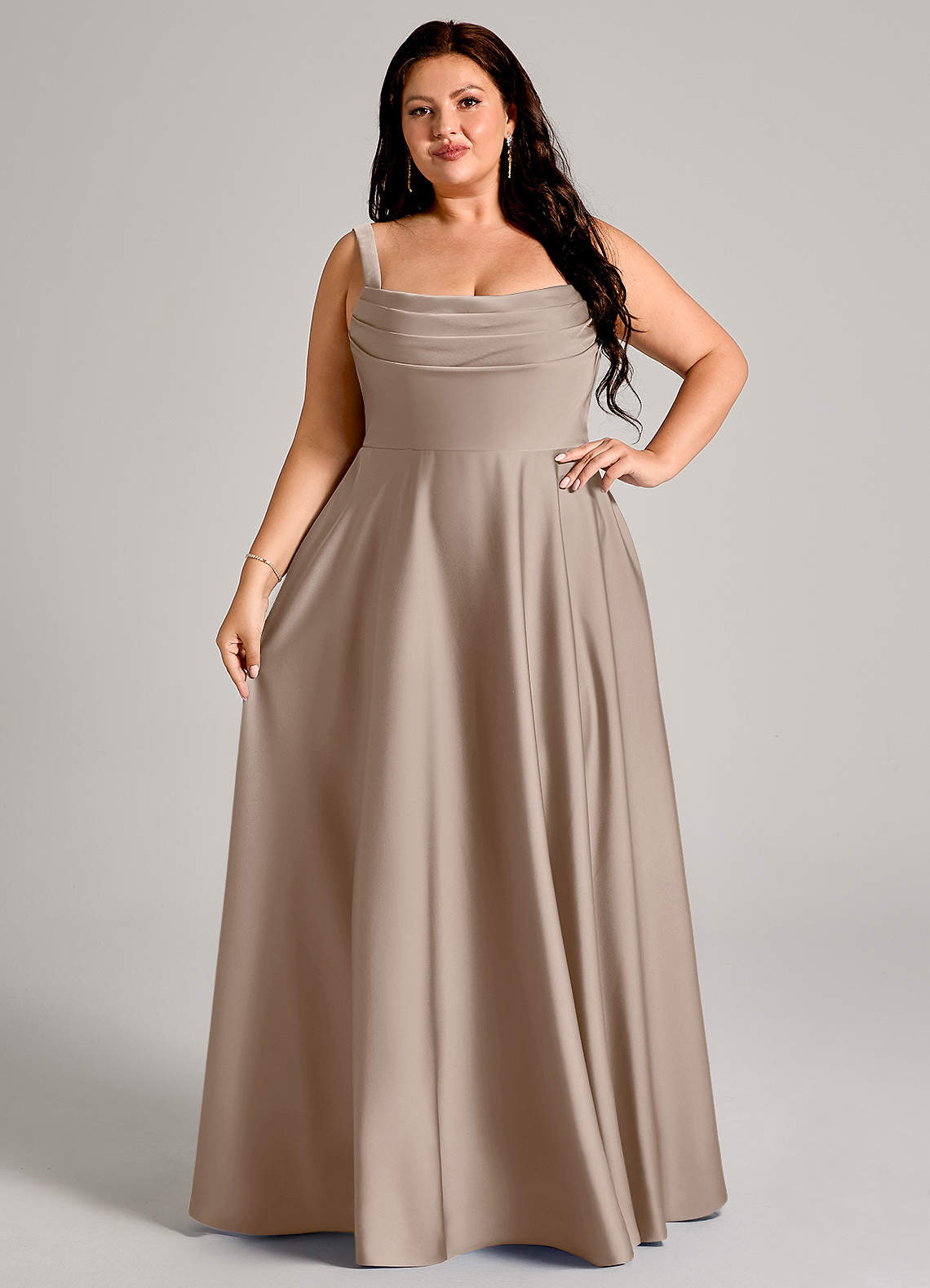 dark taupe bridesmaid dresses Azazie Plus Size A-Line Square Neck Floor-Length Stretch Satin Comes with a FREE