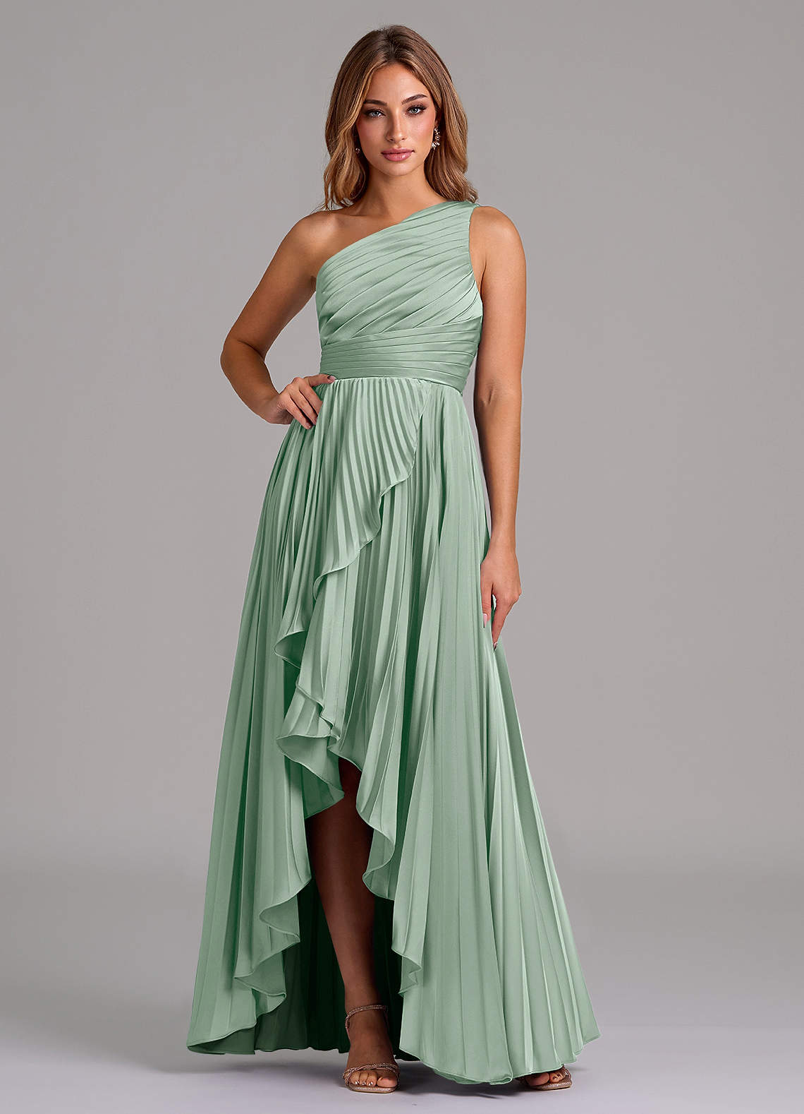 Azazie Lyrica Bridesmaid Dresses Agave A-Line One Shoulder Stretch Satin Dress image1