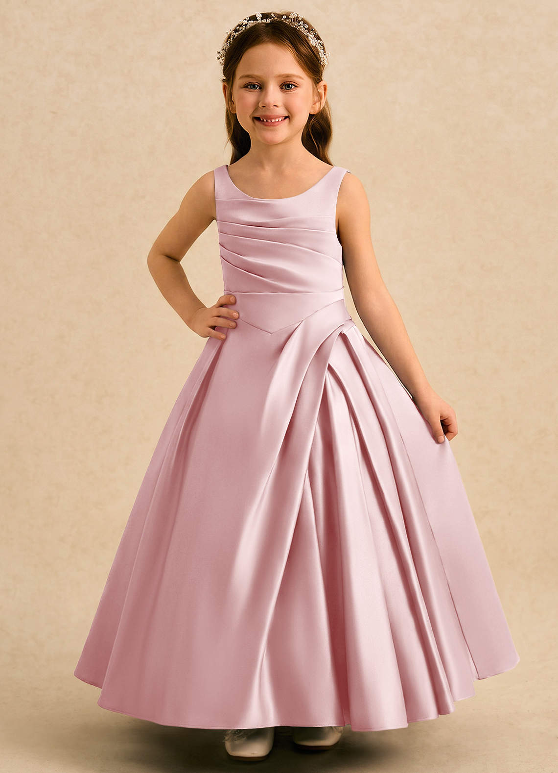 Azazie Audrey Powder Pink A-Line Pleated Matte Satin Dress | Azazie