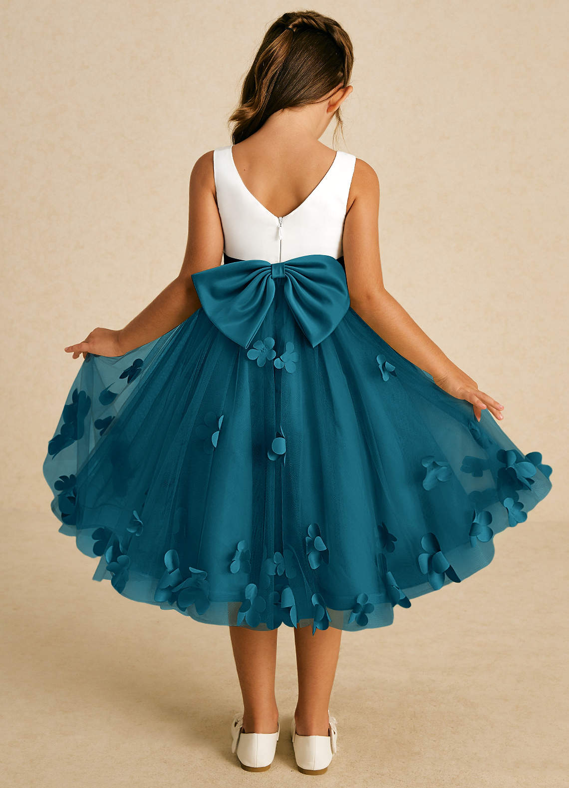 Azazie Sprout Abiti da Ragazza di Fiori Abito A-Line in Tulle Fiocco Blu Inchiostro image1
