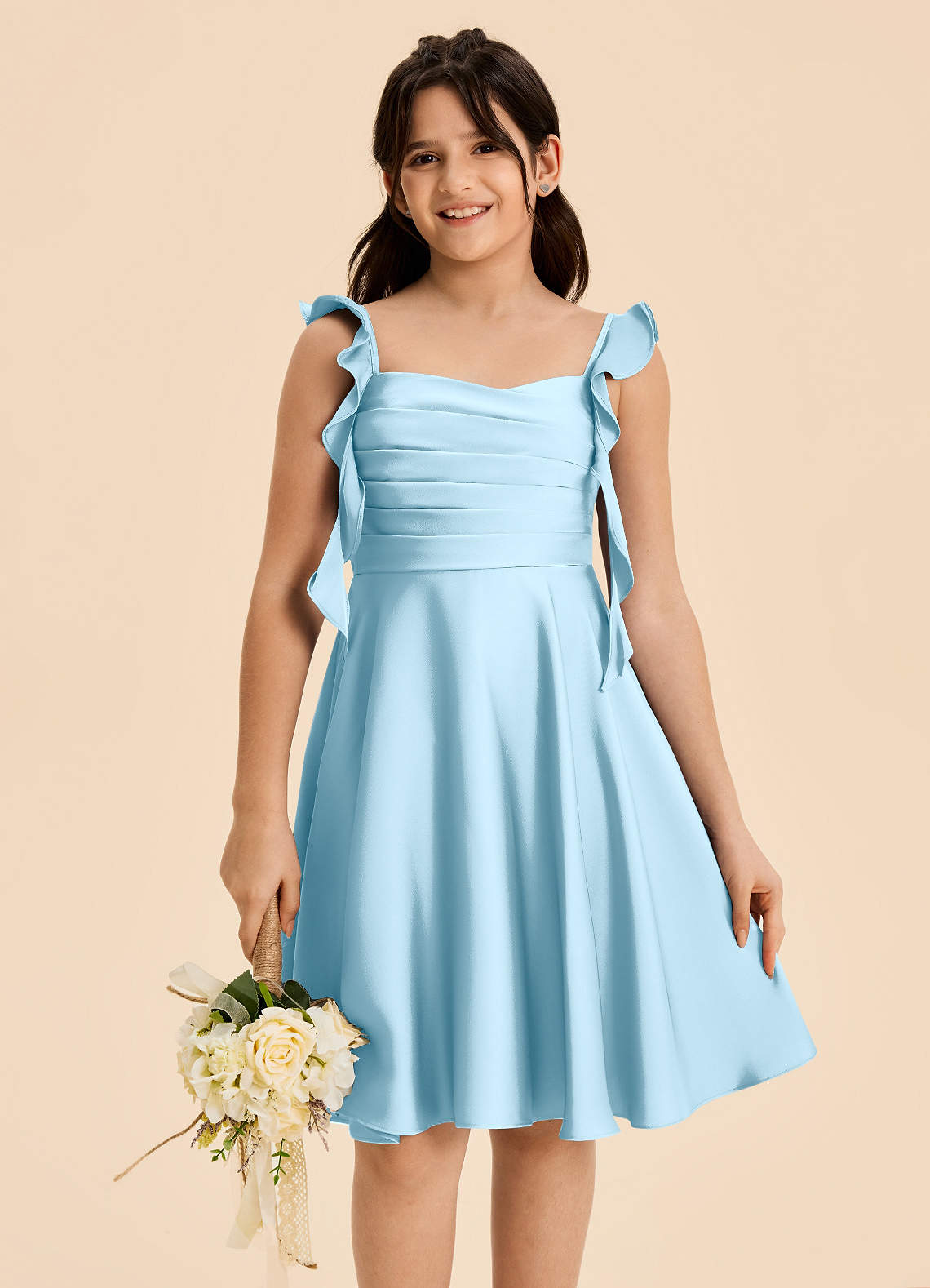 Azazie Kira Junior Klänning av A-Line i Stretch Satin Rynkad image6