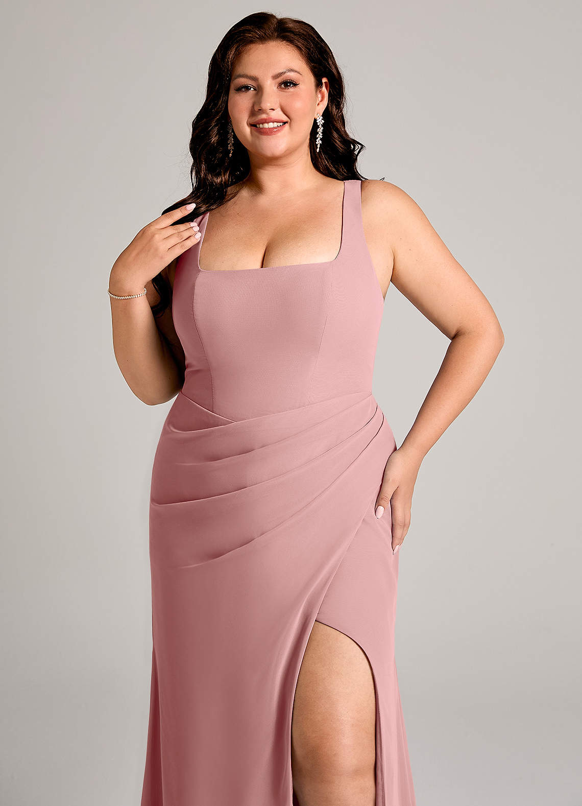 dusty pink plus size bridesmaid dresses Glamrae Plus Size Dusty Pink Summer Elegant Formal Bridesmaid Prom Wedding  Dress, Square Neck Short Sleeve Rhinestone & Pearl Decor A-Line Gala Dress