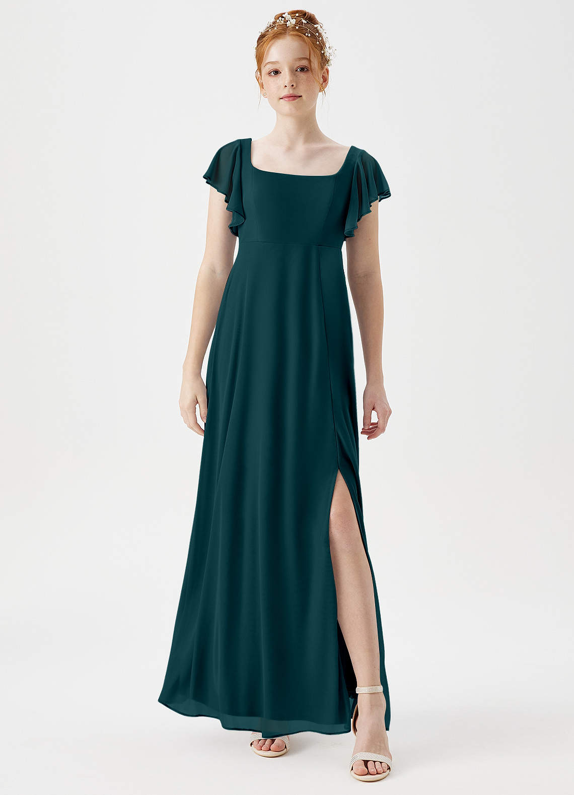 Azazie Bondi Junior Pine A-Line Side Slit Mesh Dress image1