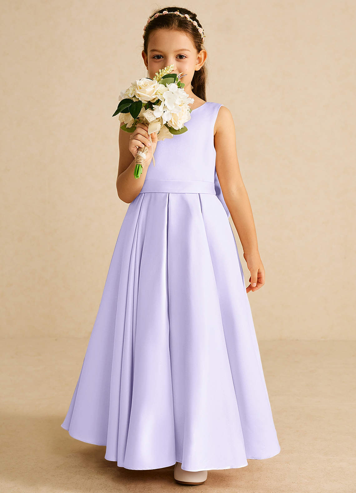 Azazie Pipsy Flower Girl Dresses Lilac A-Line Bow Matte Satin Dress image4