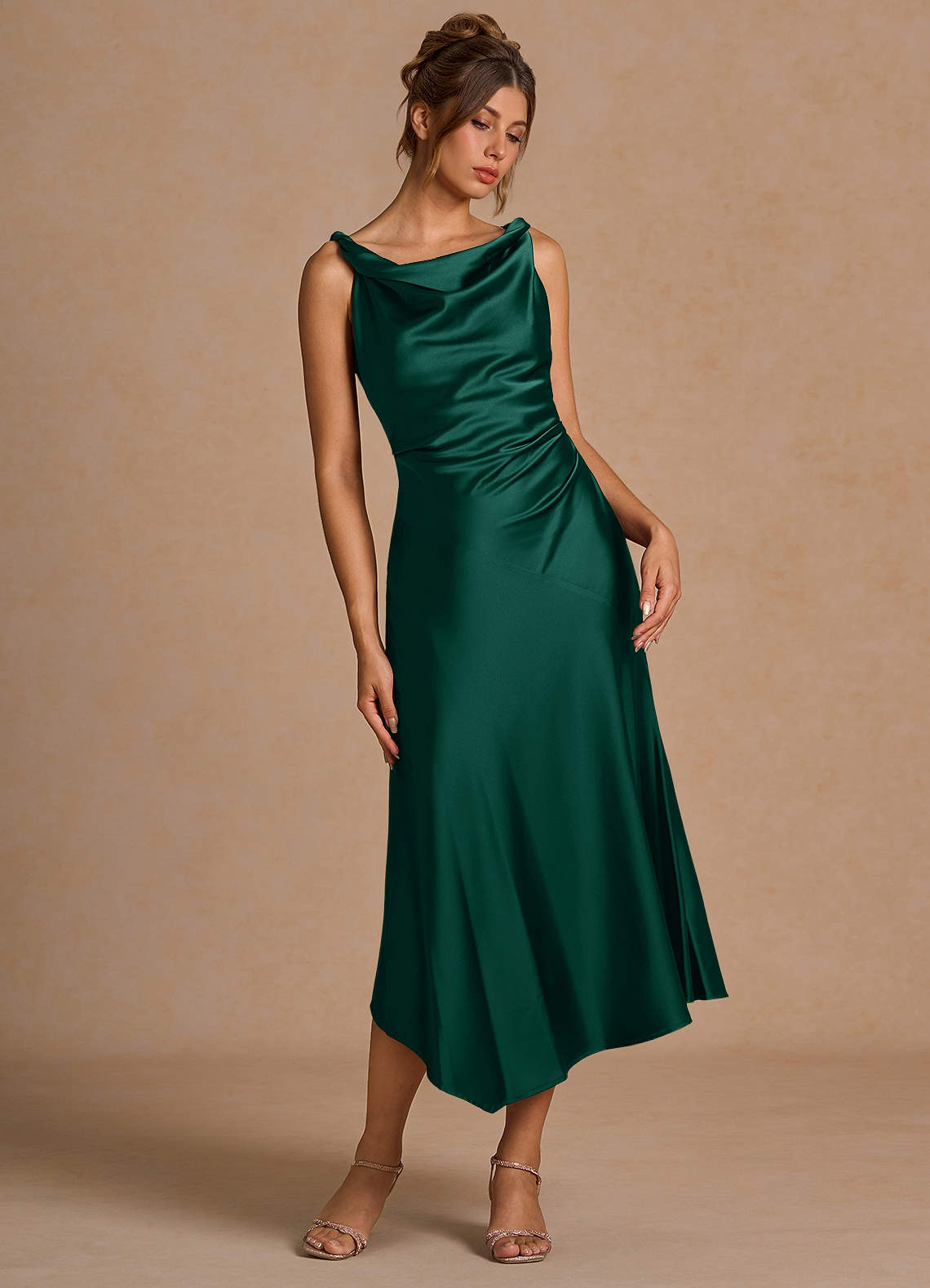 green satin dress midi Green Satin Asymmetric Neckline Midi Dress – InTheStyle main image 0