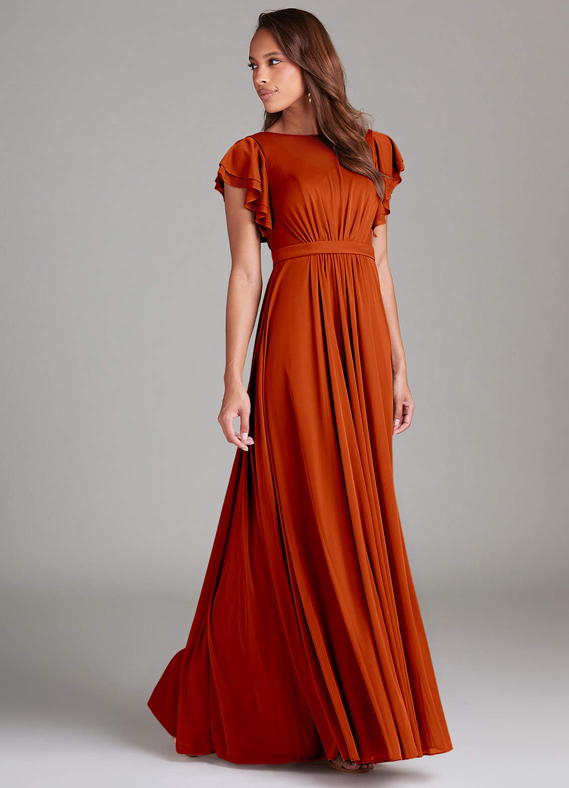 Azazie Daphne At-home Try On Dresses A-Line Ruched Mesh Floor-Length Dress image2