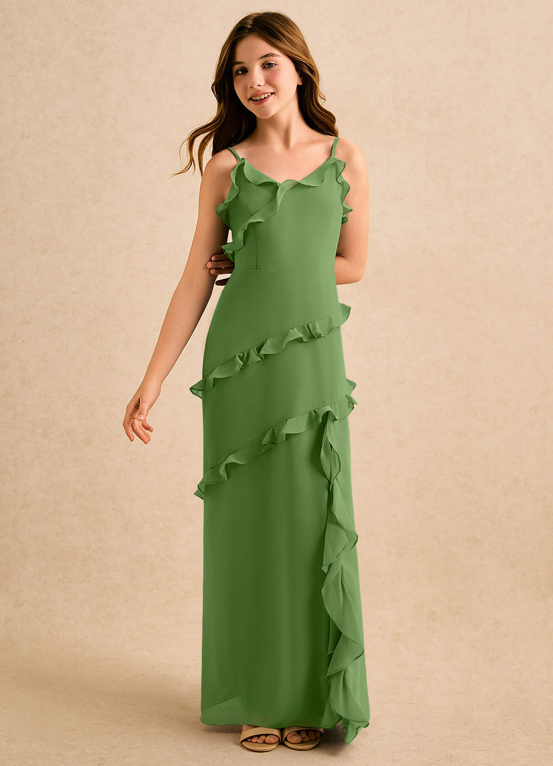 Azazie Lola Girls Formal Basil A-Line Ruched Chiffon Dress
