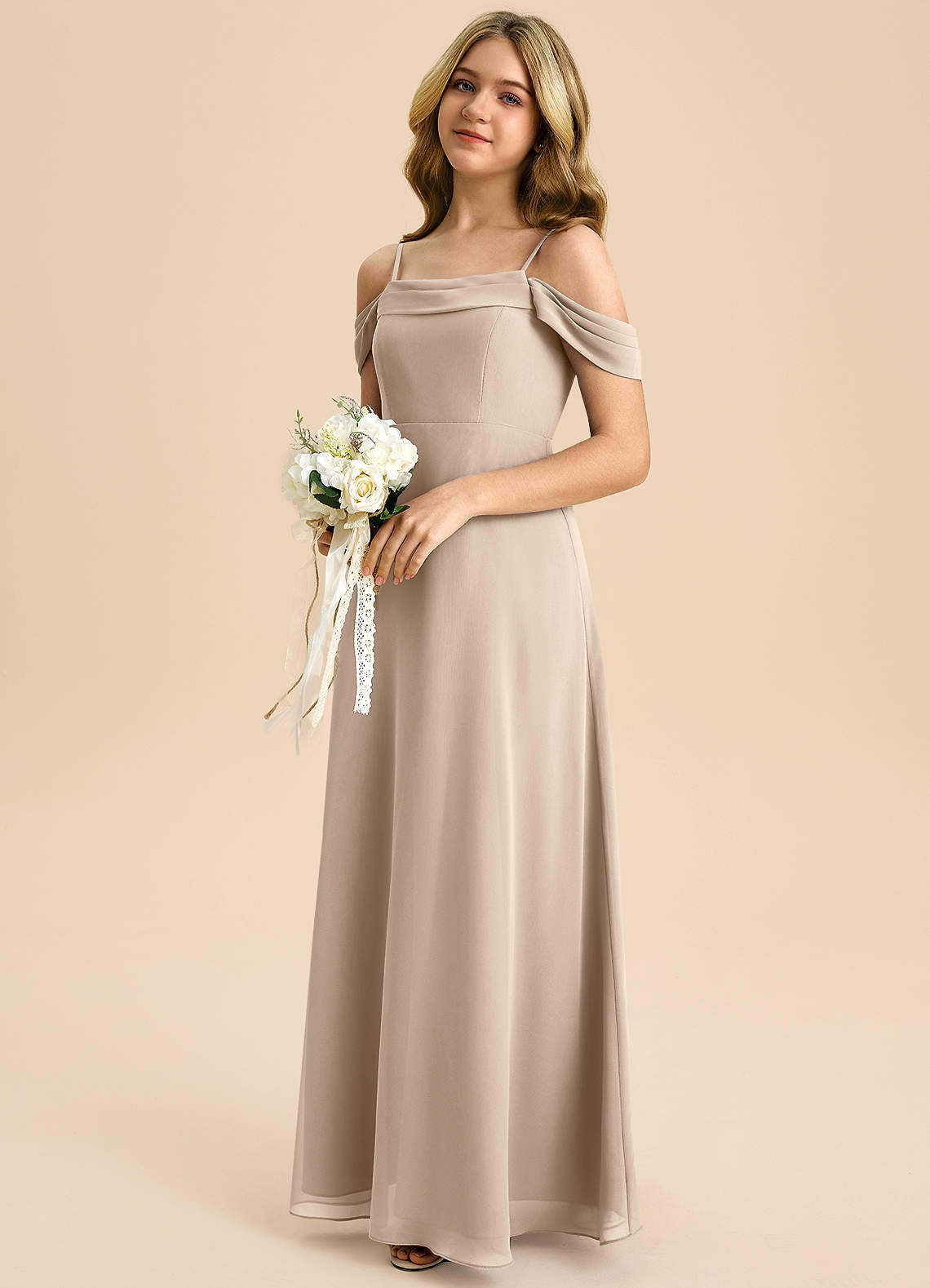 Azazie Anselie Junior A-Linie Schulterfrei Chiffon Kleid Taupe image5