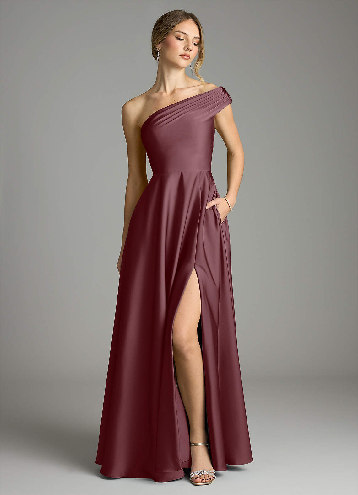 Azazie Melanie Bridesmaid Dresses Sangria A-Line Off the Shoulder Stretch Satin Dress image1