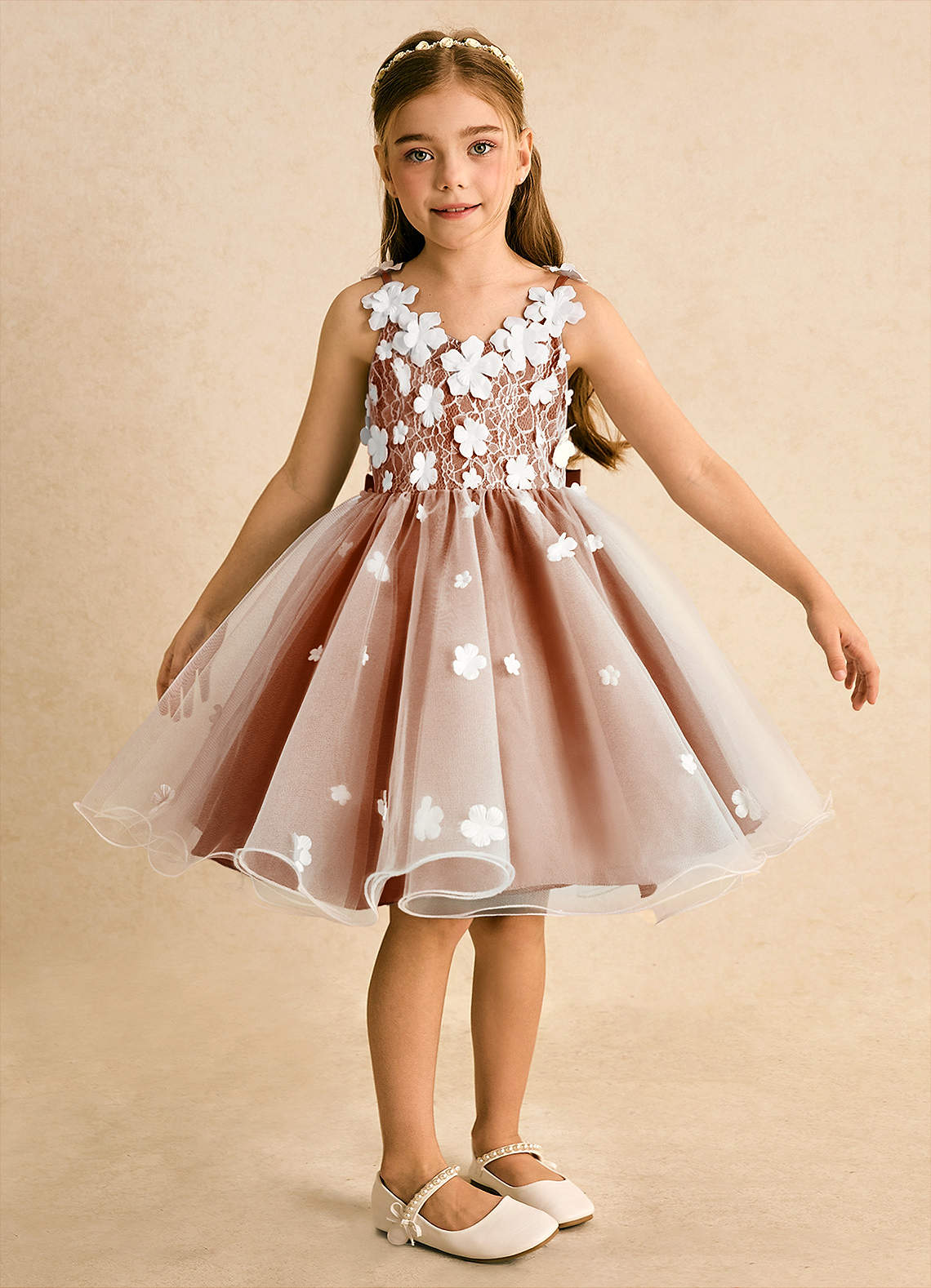 Azazie Junebug Robe Demoiselle D'honneur Fillette Robe Princesse en Tulle Dentelle Ivoire Orange Brûlée image5
