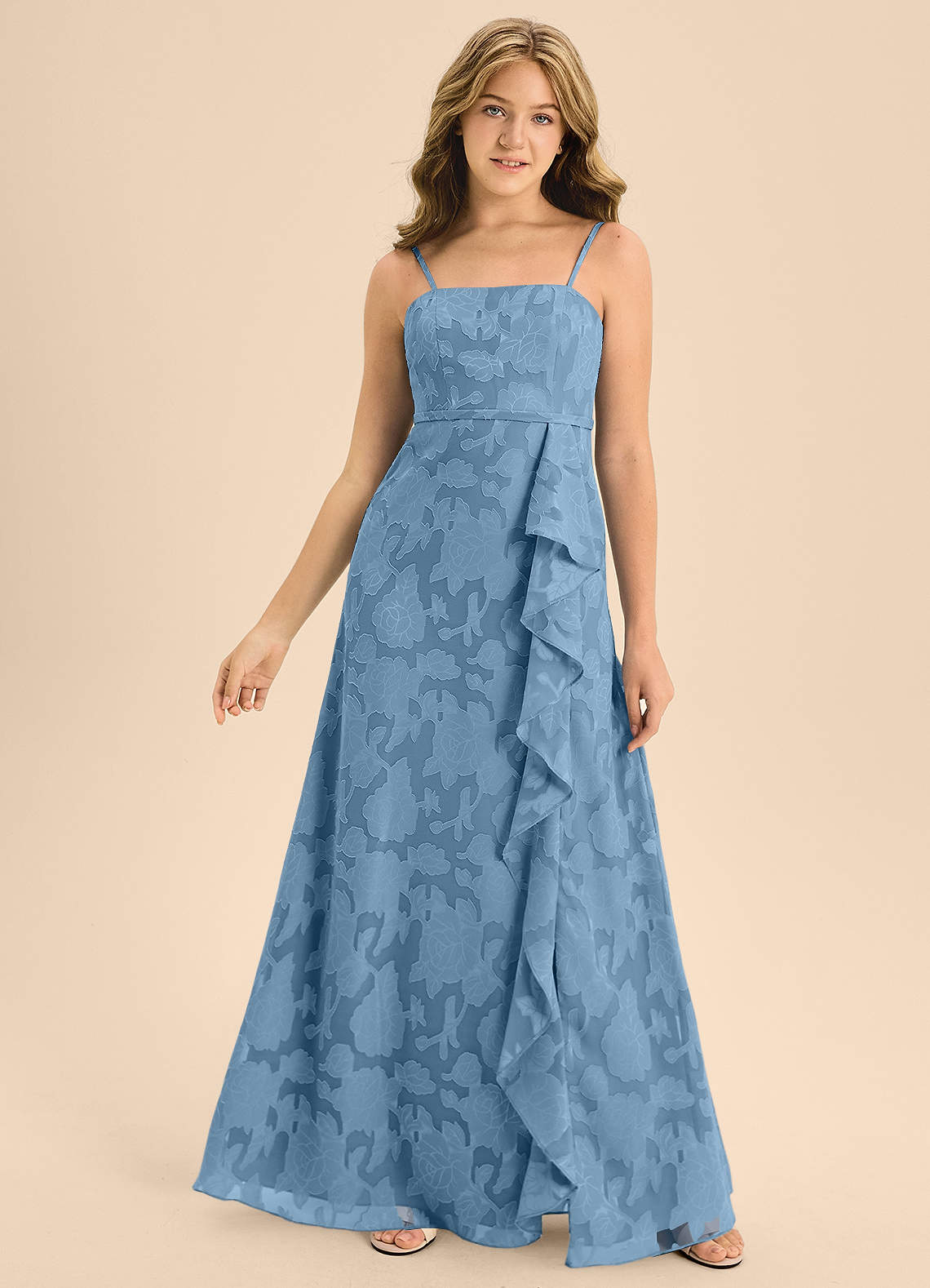 Azazie Kaylee Junior Vestido de Azul Acero de Devorado Floral de Corte En A con Con cinturón image3