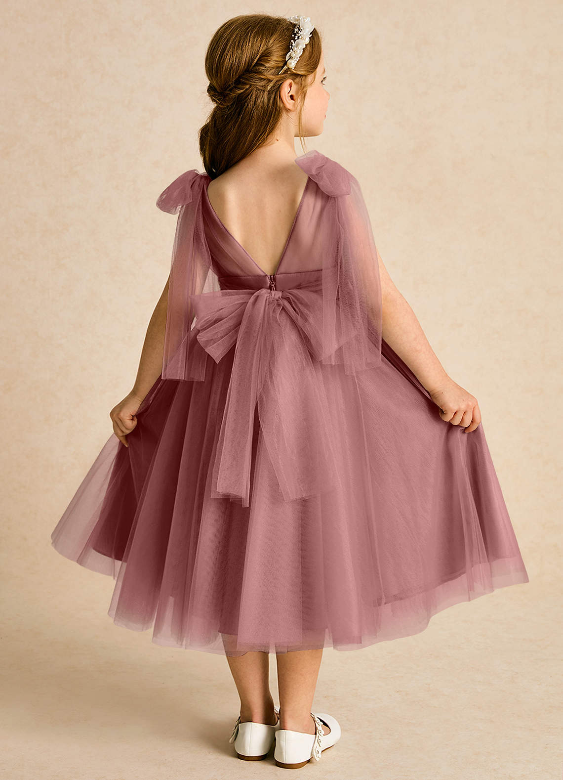 Azazie Dori Robe Demoiselle D'honneur Fillette Robe Trapèze en Tulle Rayé Rose Du Désert image1