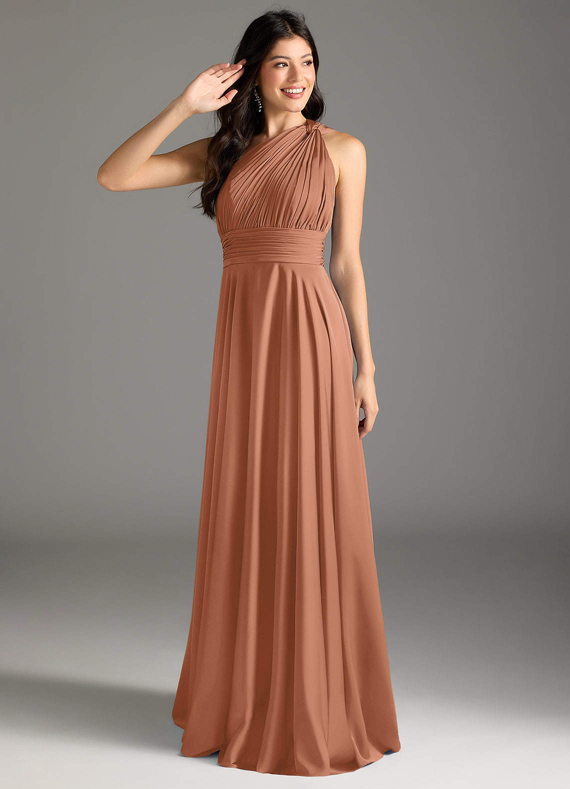 Azazie Charlize Bridesmaid Dresses Bronzer A-Line One Shoulder Stretch Satin Dress image1