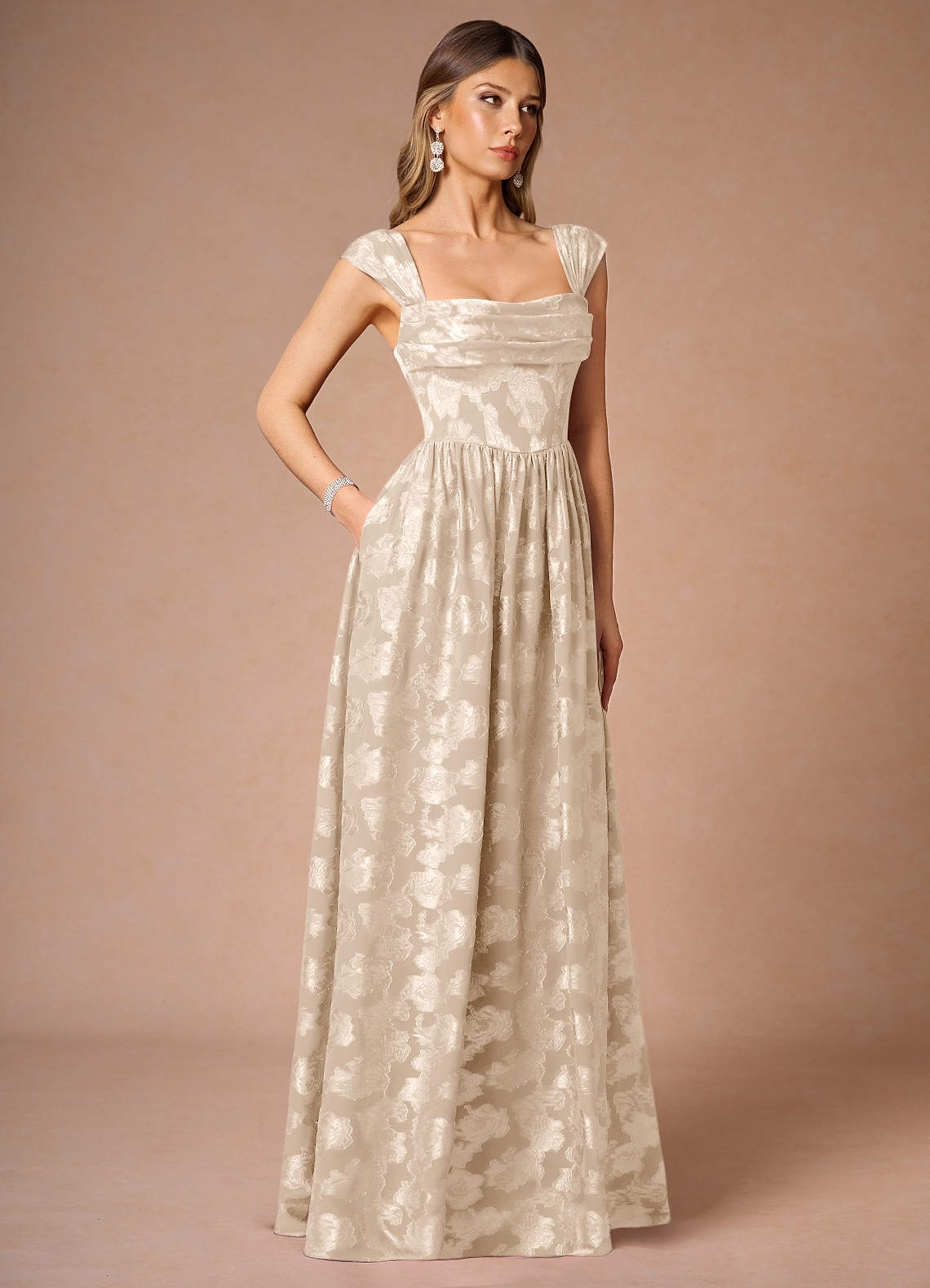 hazel bridesmaid dress BABARONI Off the Shoulder Chiffon Full Length Dress-Olive Green, Olive Green / US0 main image 1