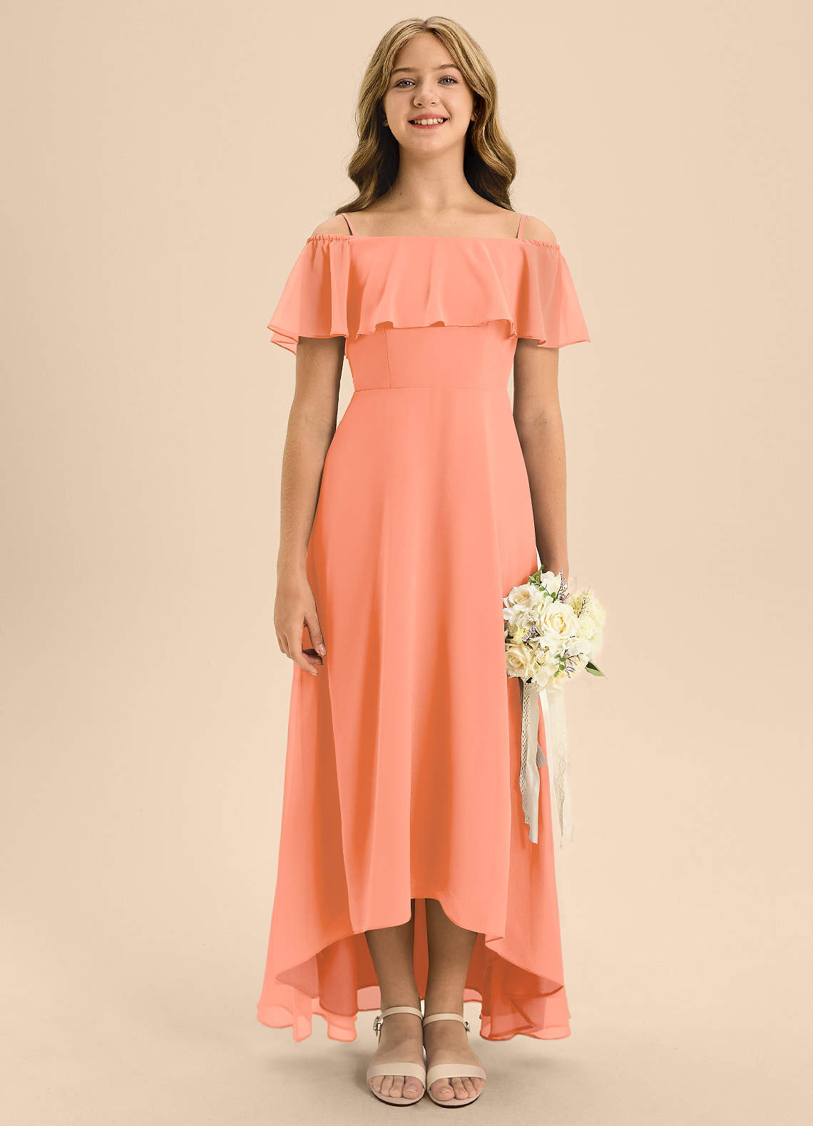 Azazie Maggie Junior Sunset A-Line Off the Shoulder Chiffon Dress image1