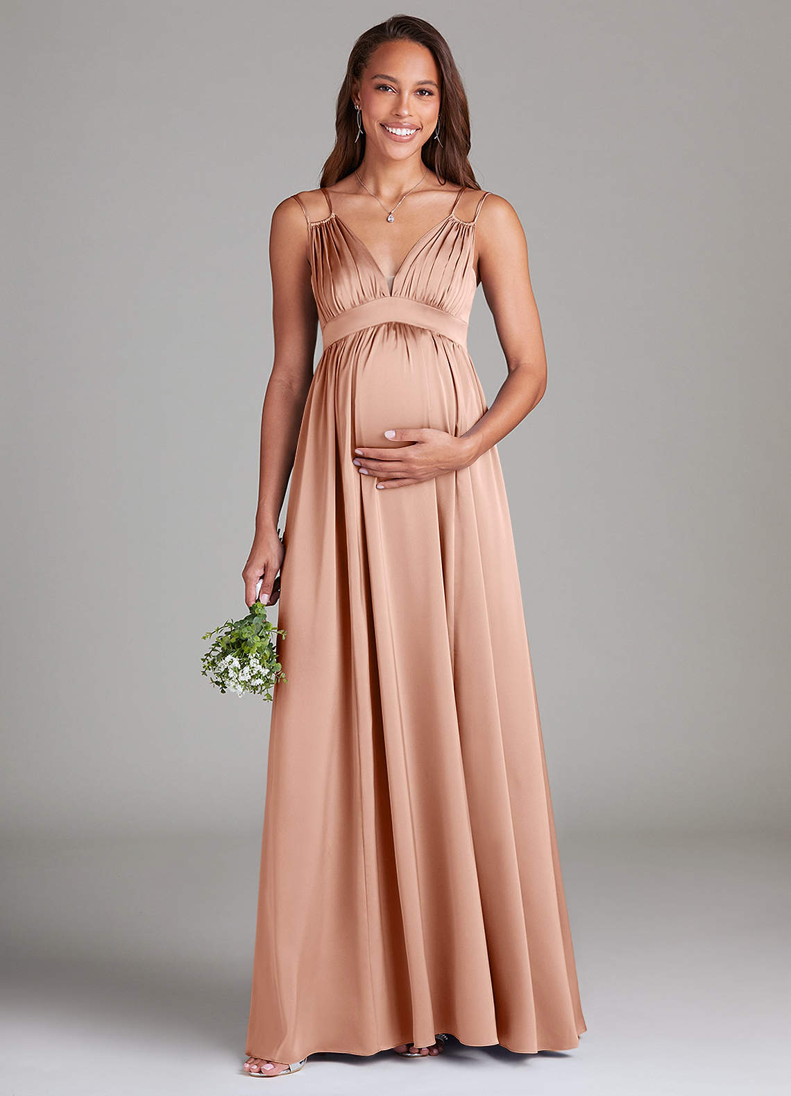 Azazie Emree Maternity Bridesmaid Dresses A-Line Stretch Satin Floor-Length Dress with Pockets image1
